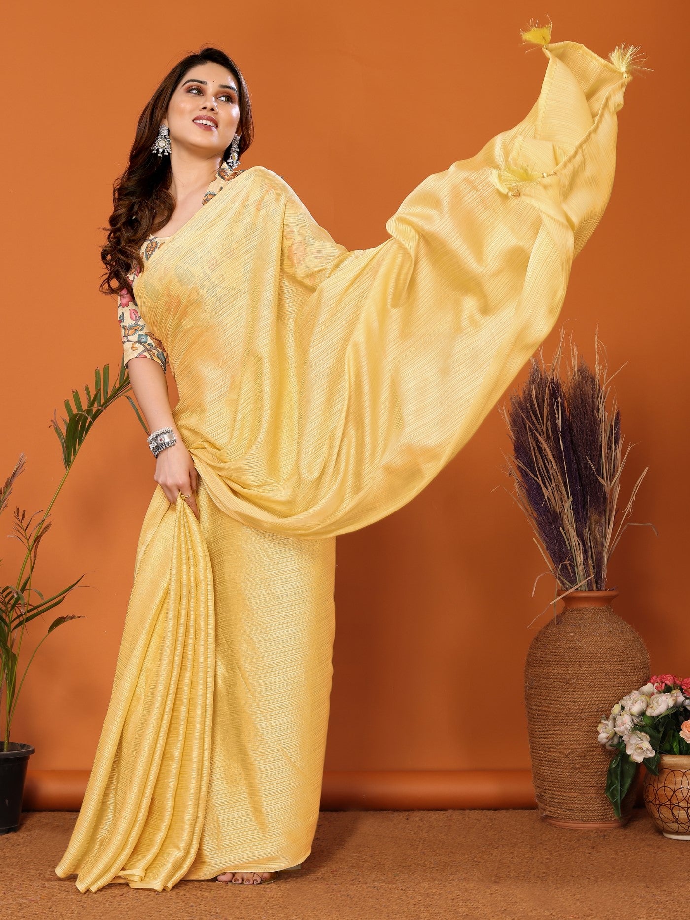Yellow Polyester Zari Saree With Plain Saree With Kalamkari Print Blouse