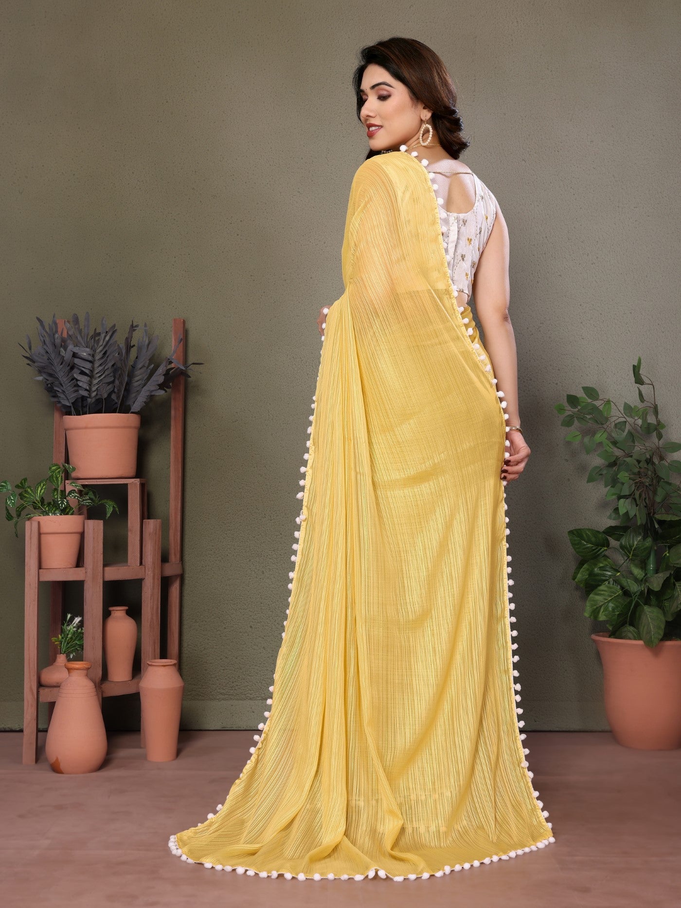 Yellow Polyester Zari Saree with Embroidery Work Blouse & Pom-Pom Lace