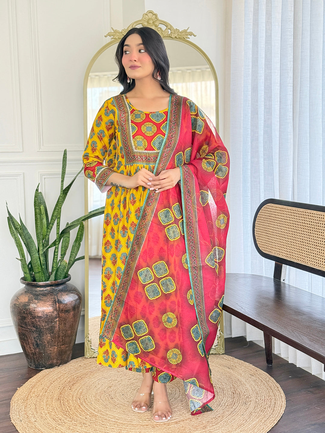Yellow Rayon Elegant Kurta Pant Set With Print