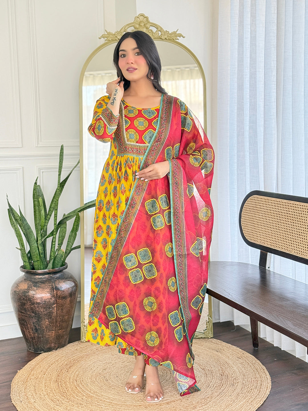 Yellow Rayon Elegant Kurta Pant Set With Print