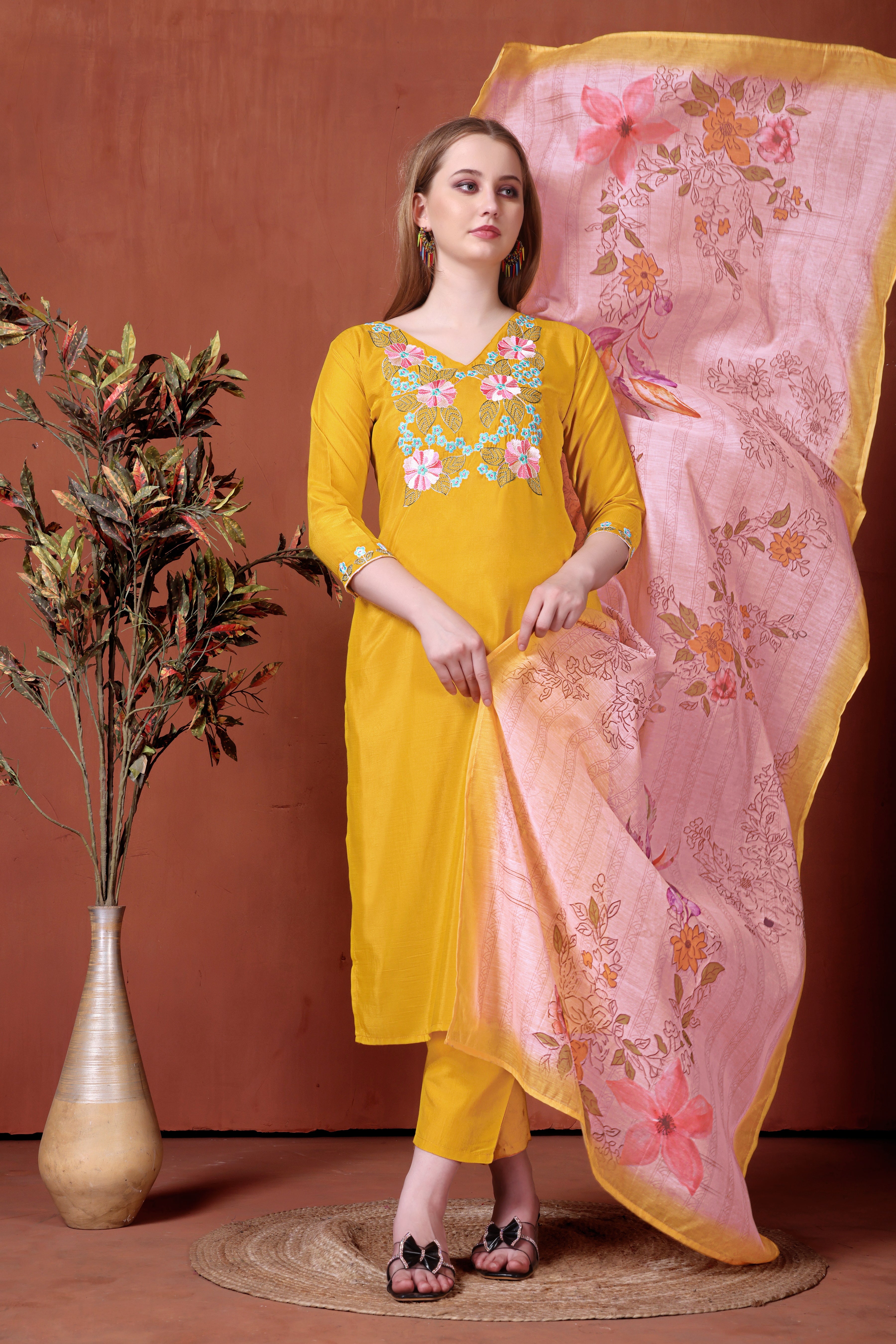 Yellow Rayon Kurta Pant Set With Heavy Thread Embroidery Work With Printed Dupatta
