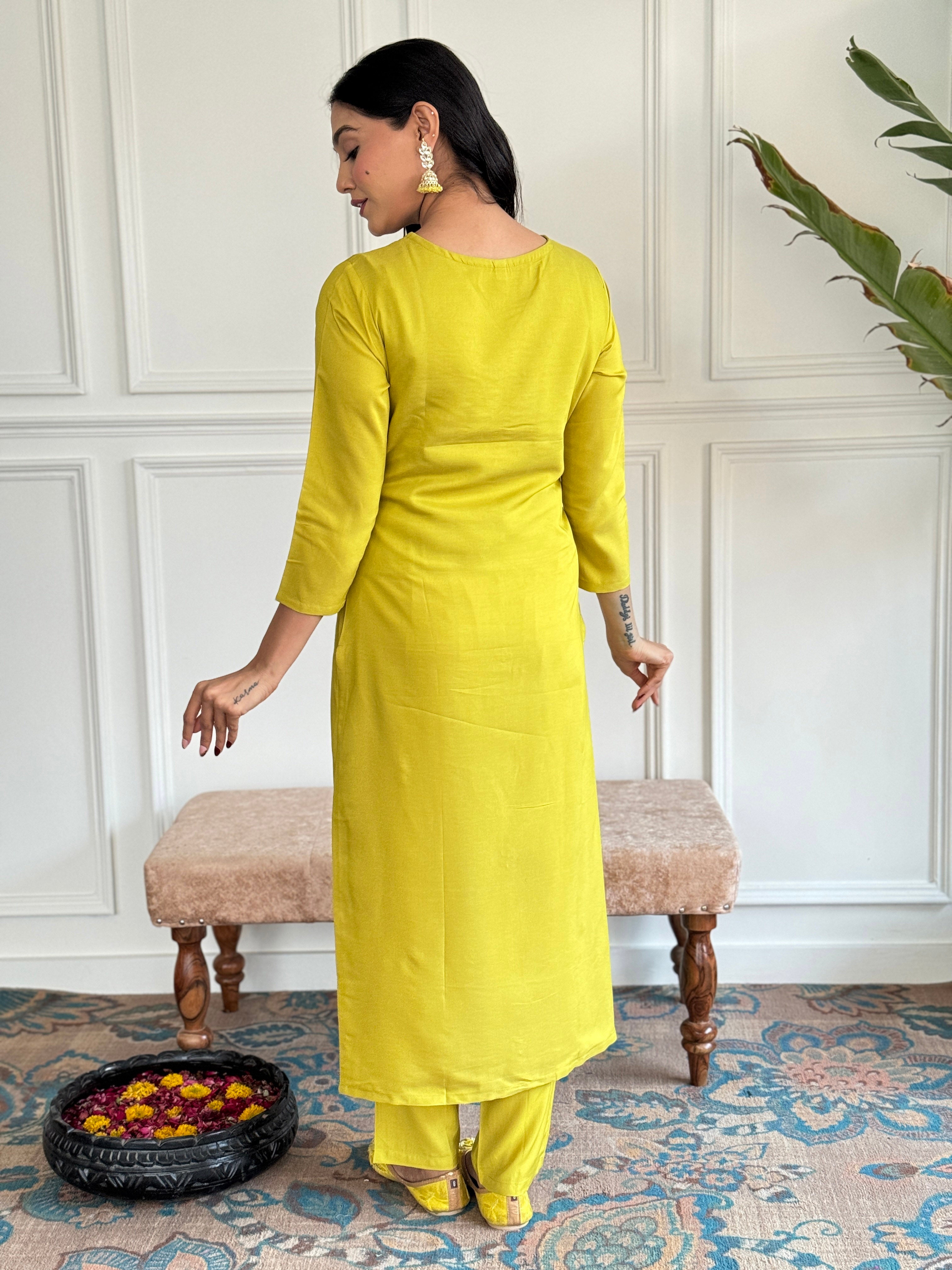 Yellow Rayon Slub Elegant Kurta Pant Set With Embroidery Work