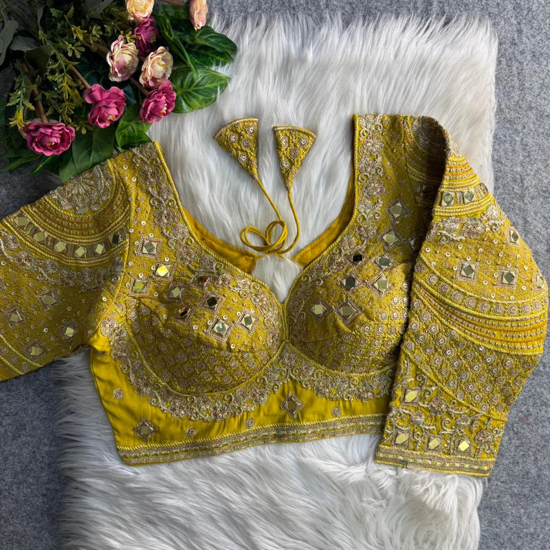 Yellow Real Mirror Work Long Sleeve Bridal Blouse in Roman Silk with Embroidery & Sequins