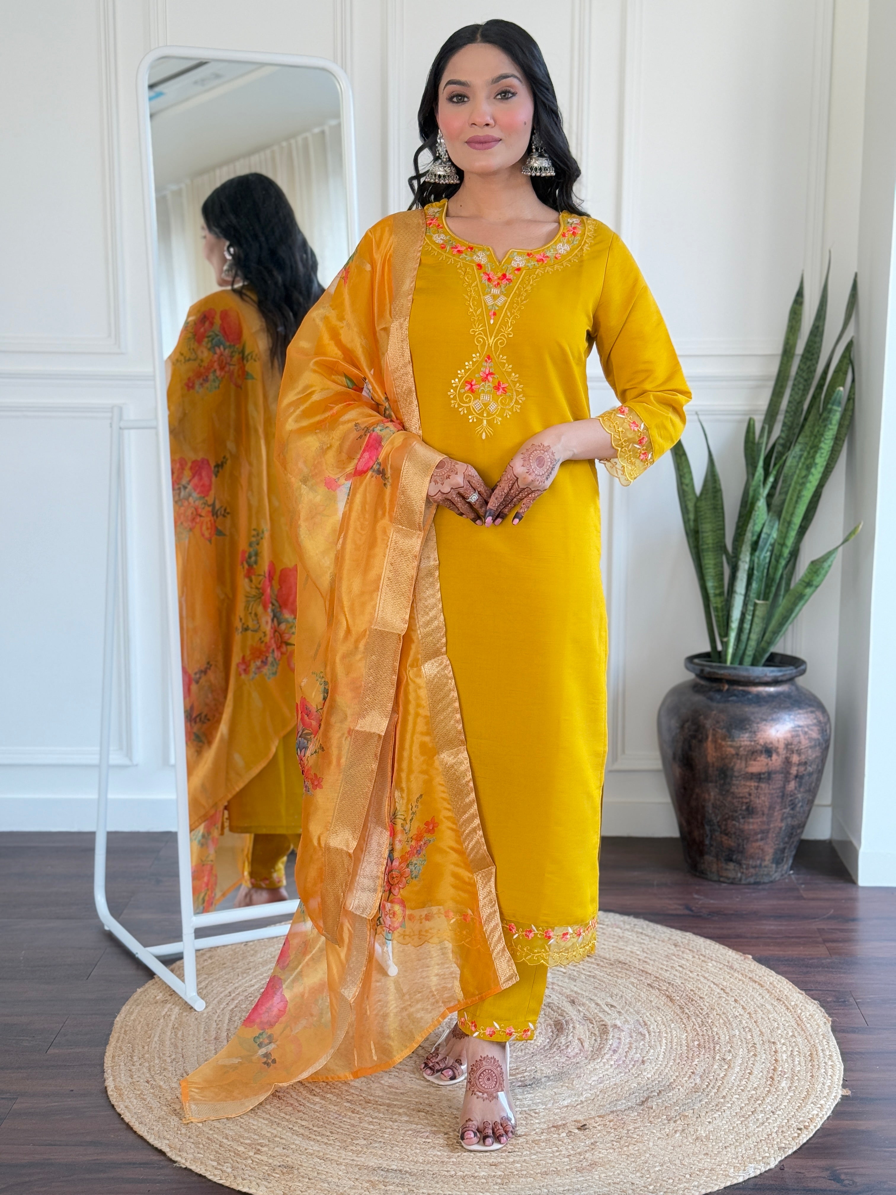 Yellow Roman Silk Elegant Kurta Pant Set With Embroidery Work
