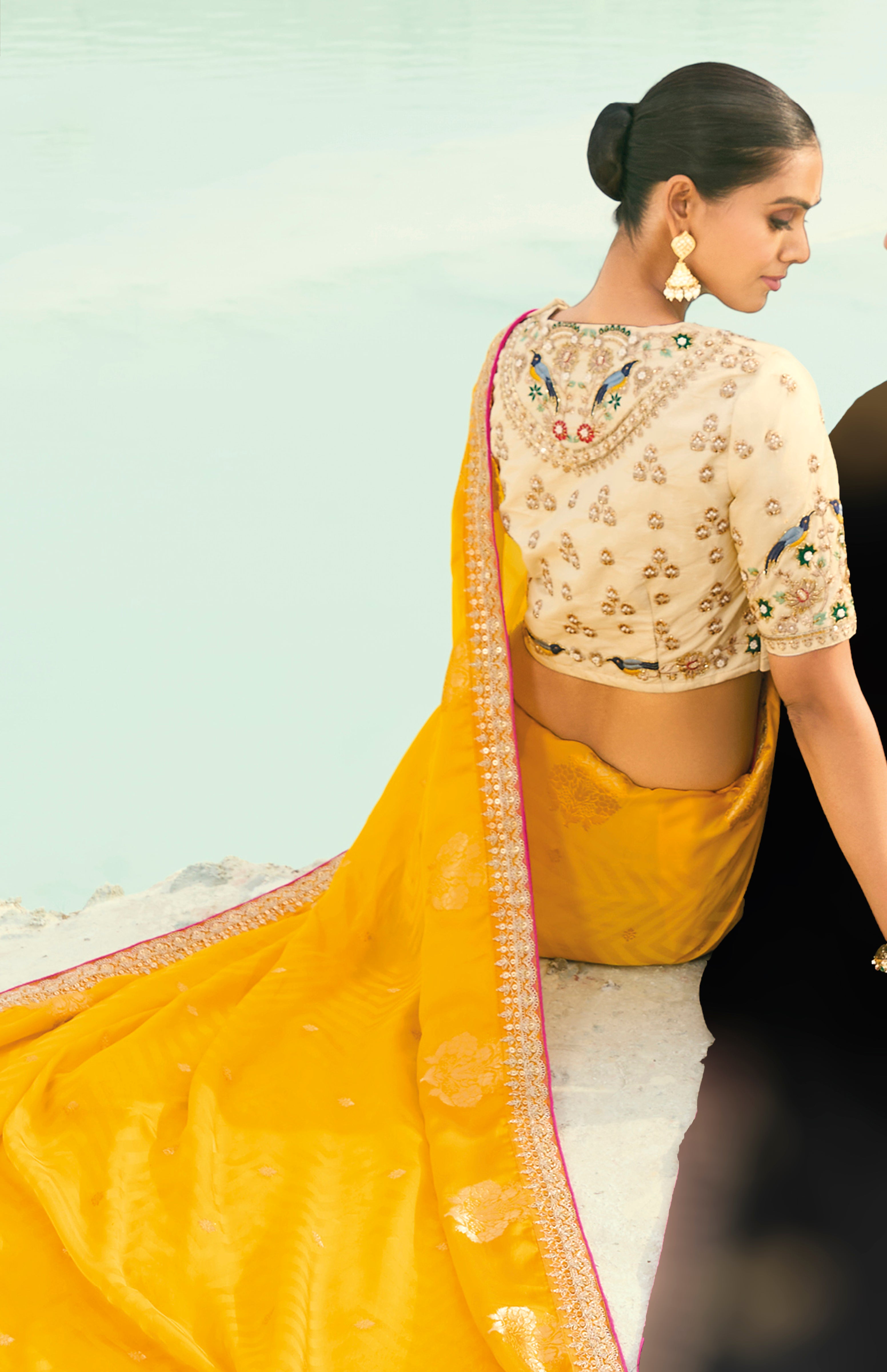 Yellow Saree With Coding Border With Cut-Dana, Moti Heavy Work Blouse