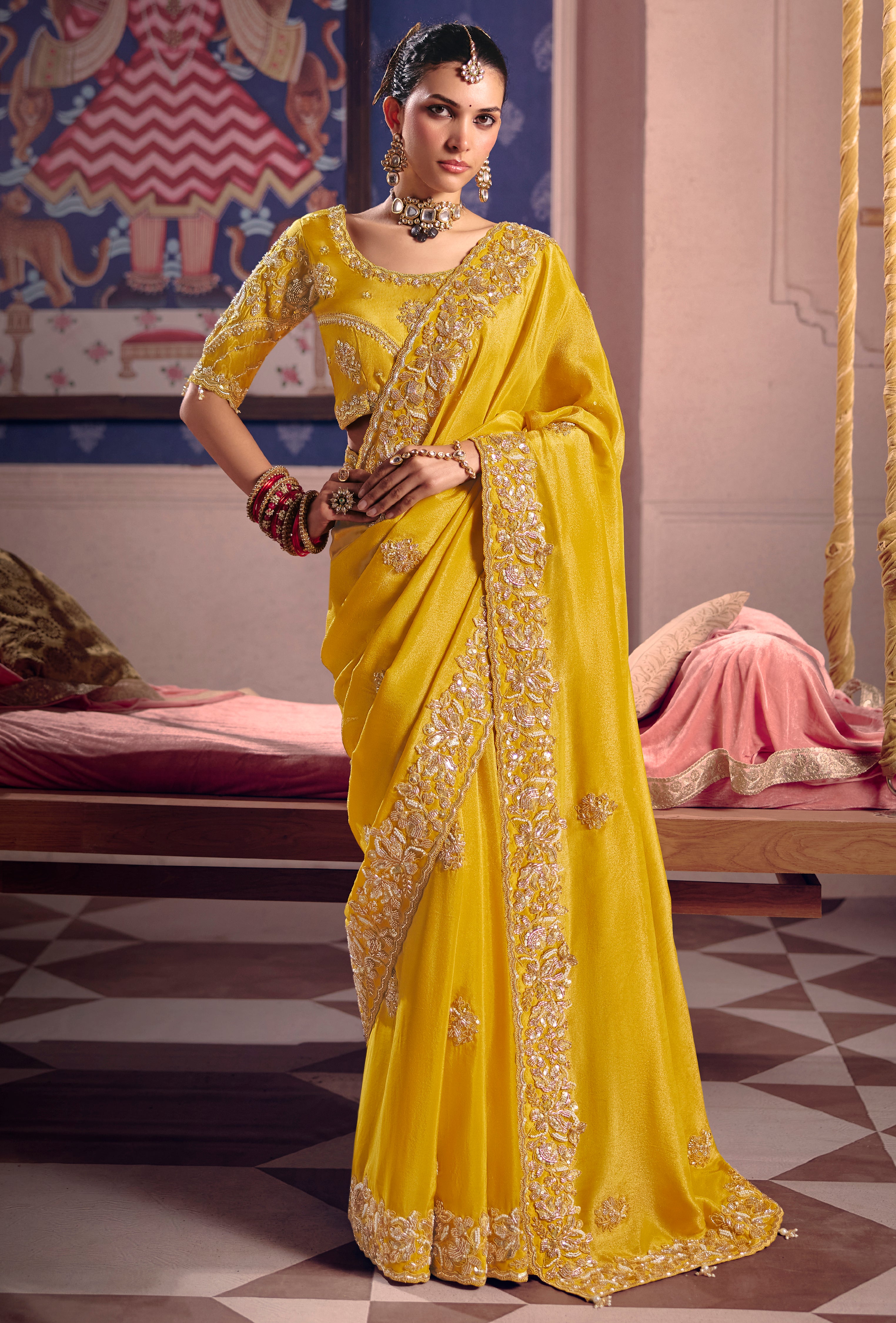 Yellow Saree With Heavy Embroidery, Beads With Sequince Work