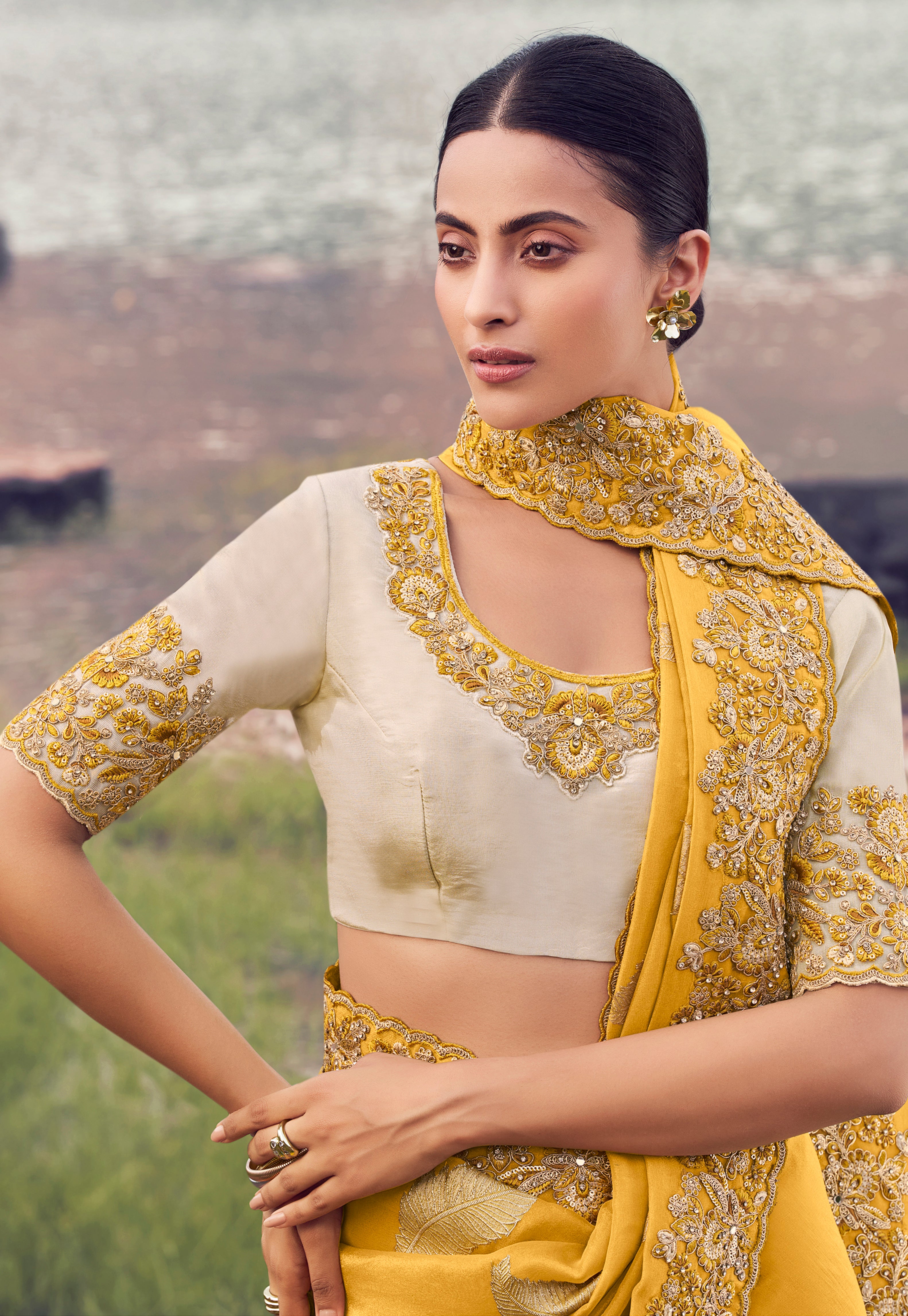 Yellow Saree With Jacquard Woven With Embroidered Border & Blouse