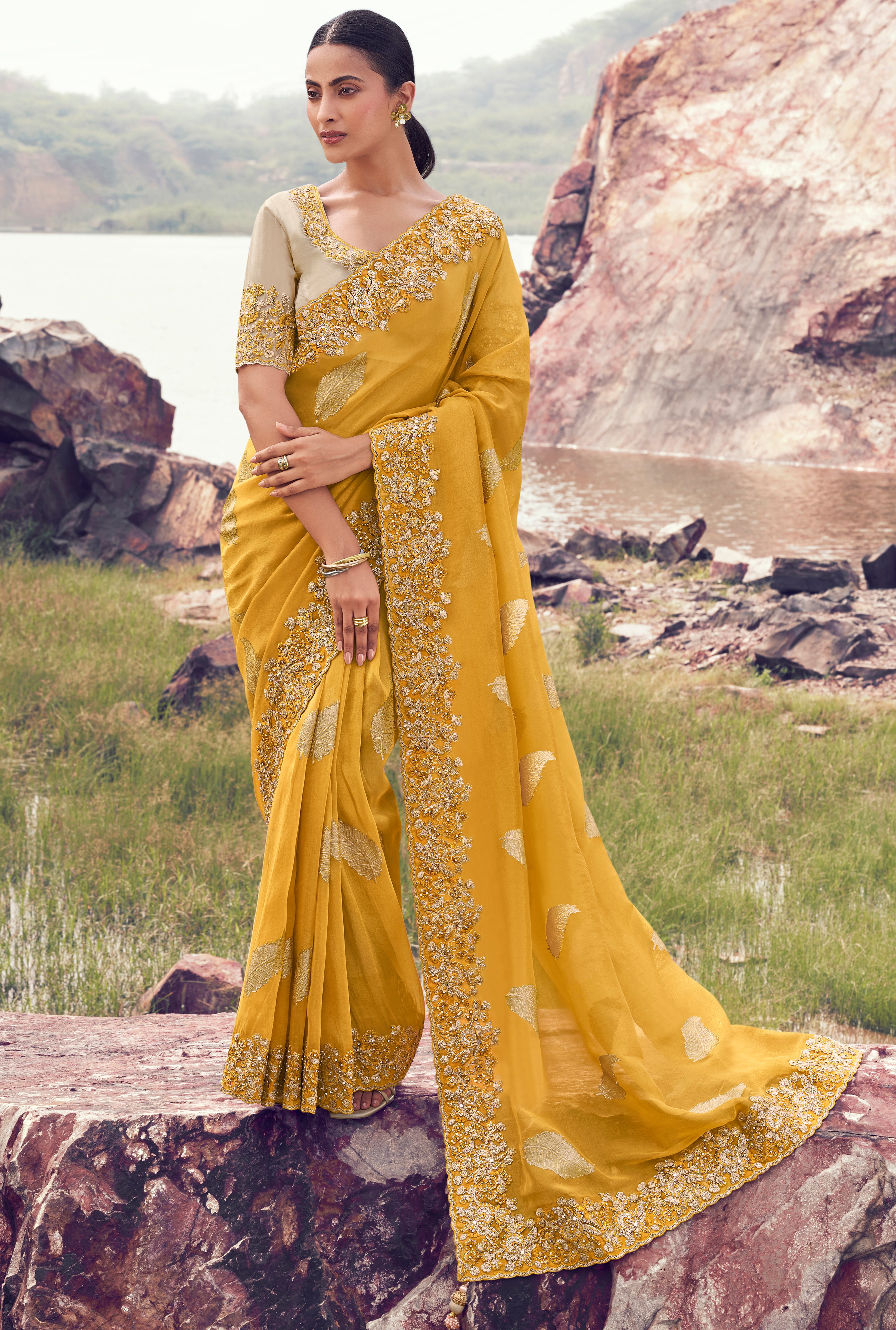 Yellow Saree With Jacquard Woven With Embroidered Border & Blouse