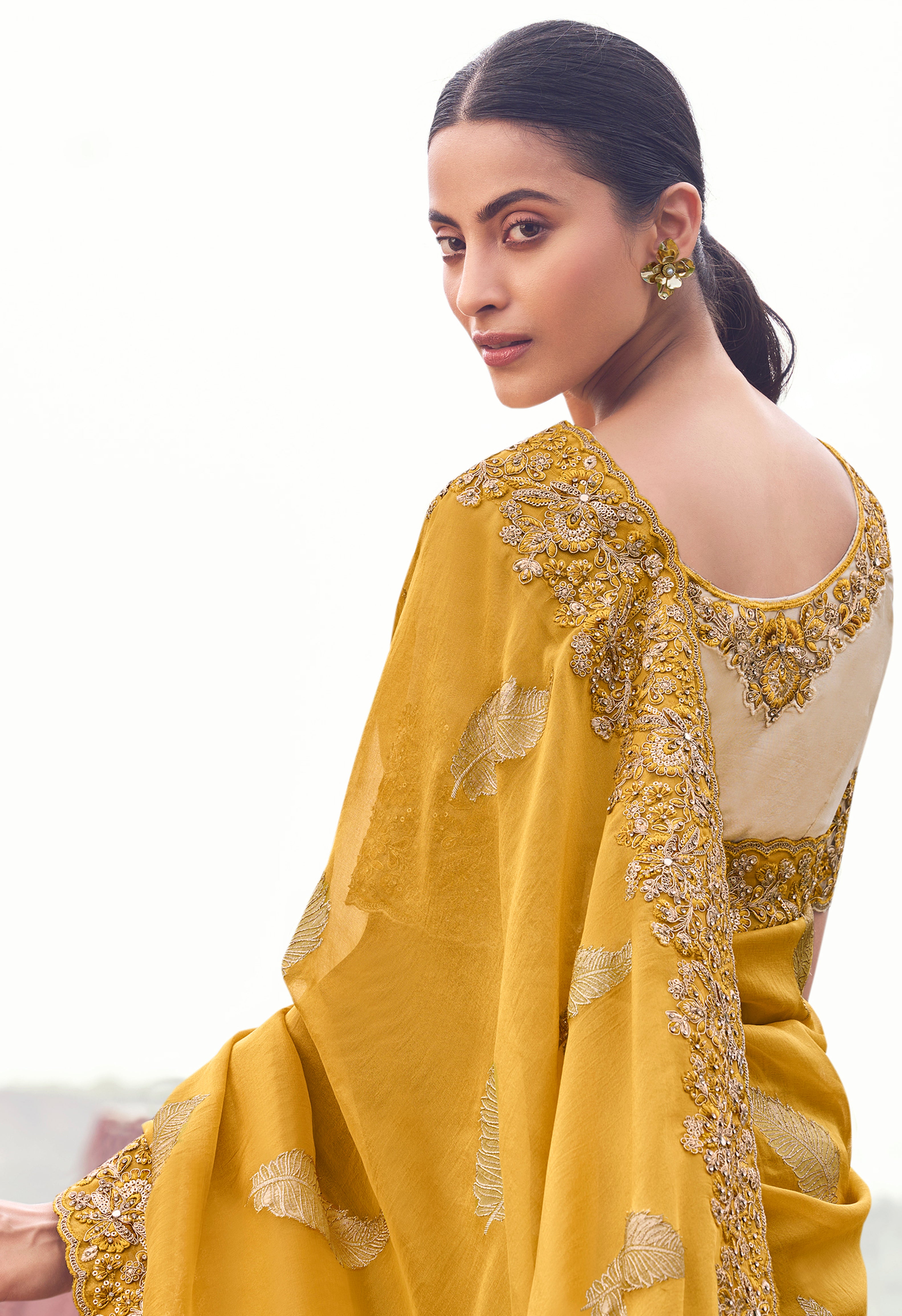 Yellow Saree With Jacquard Woven With Embroidered Border & Blouse