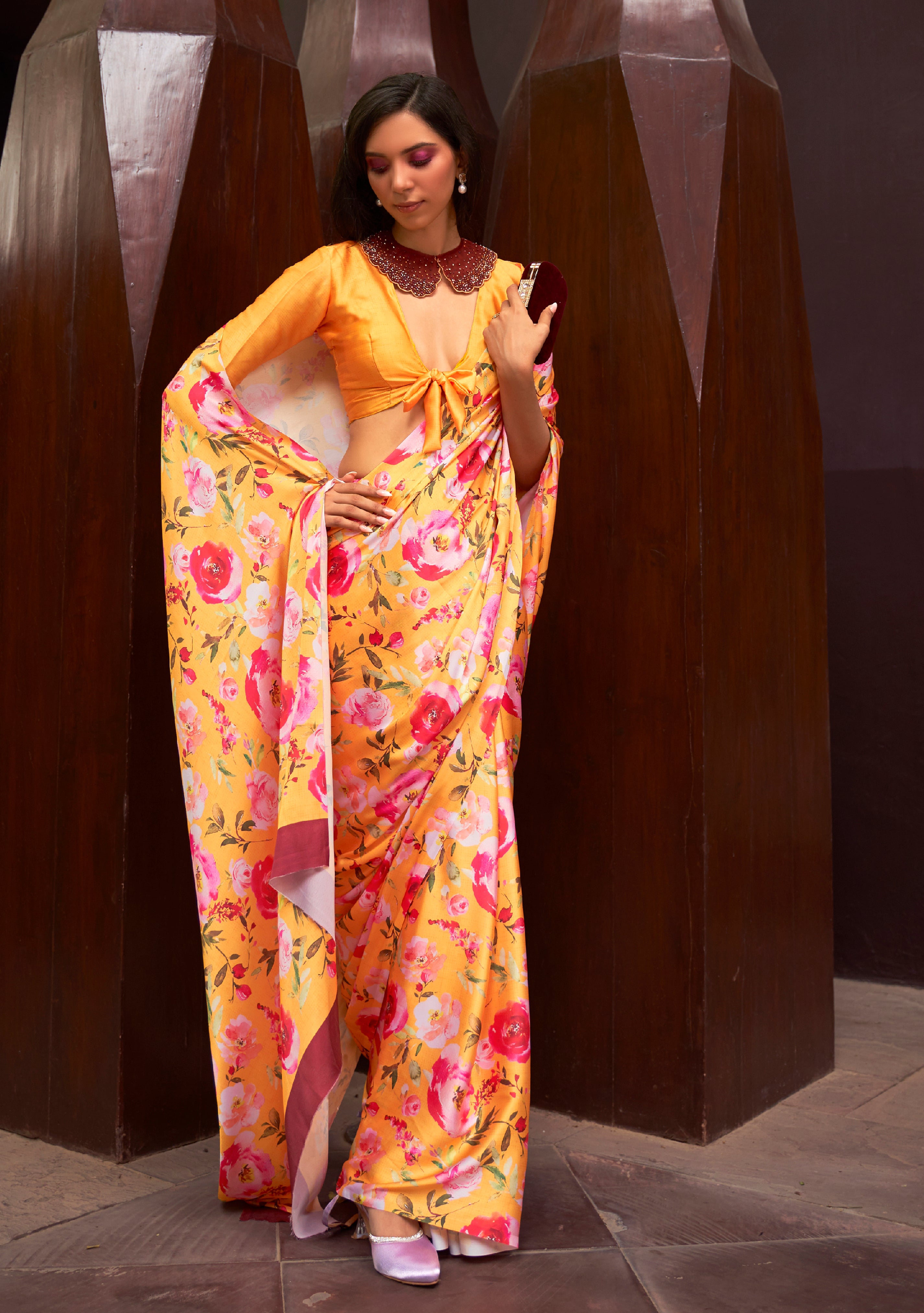 Yellow Satin Crepe Saree With Digital Printed Work