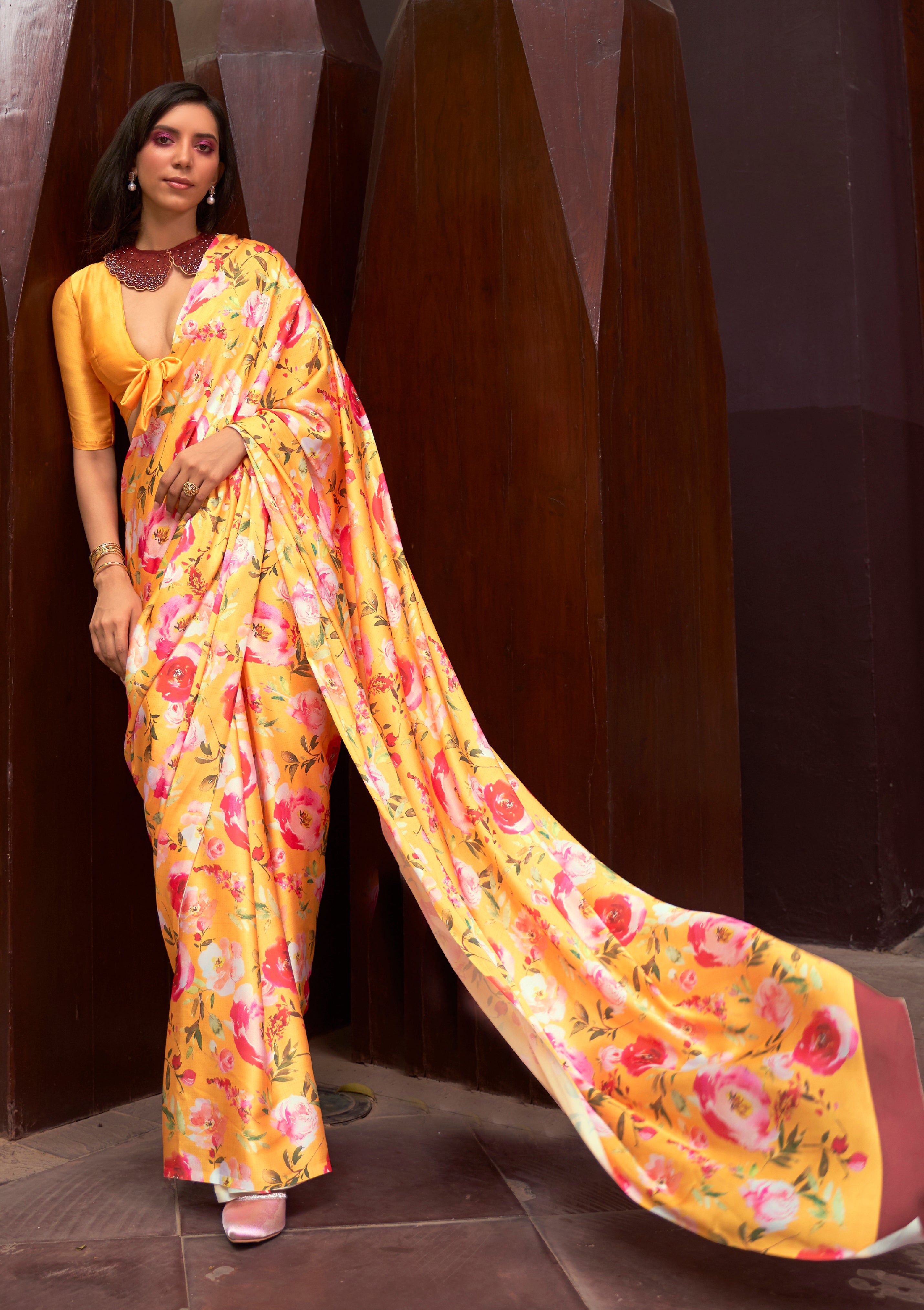 Yellow Satin Crepe Saree With Digital Printed Work