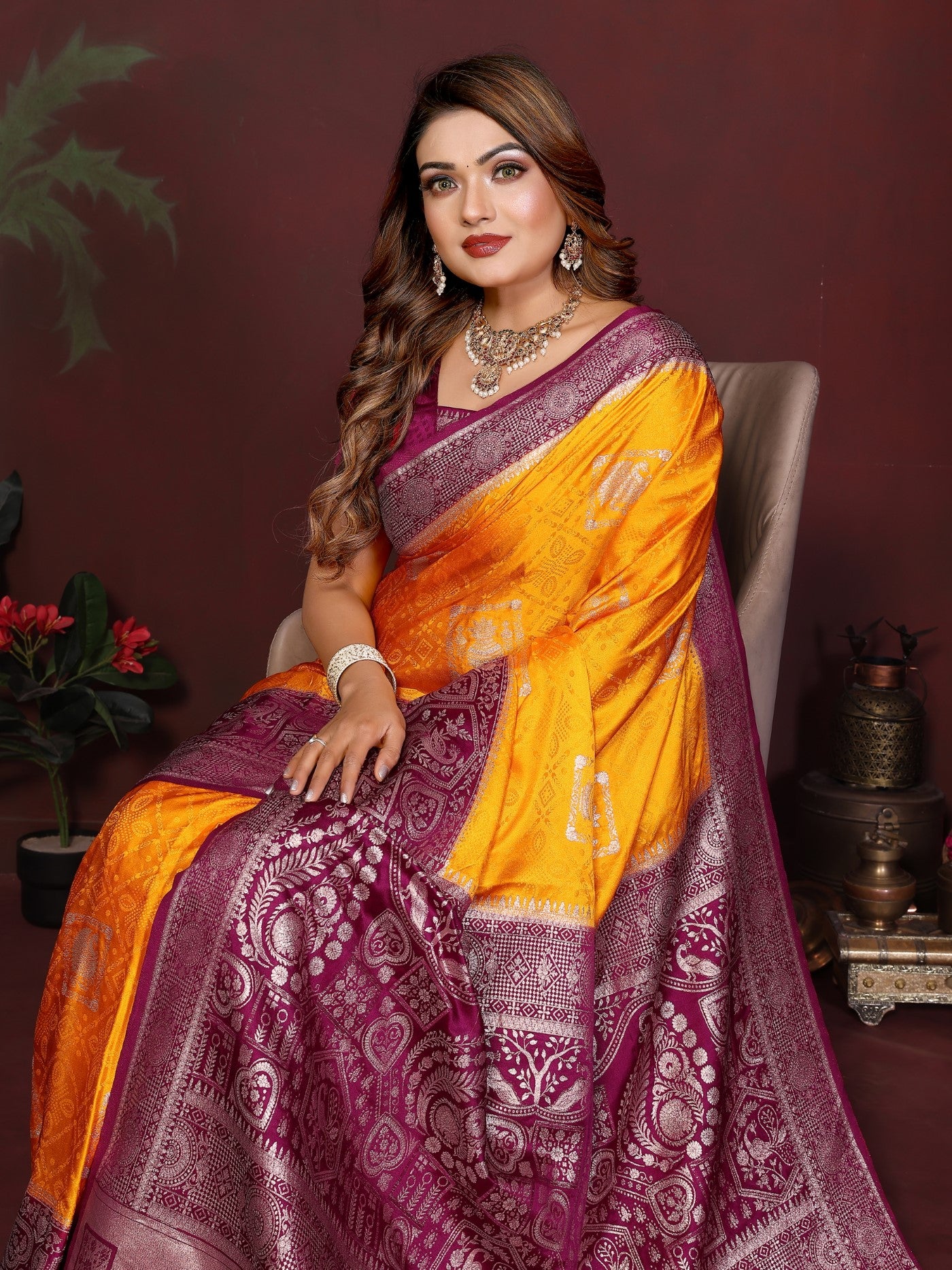 Yellow Satin Silk Saree With Zari Butta Designs