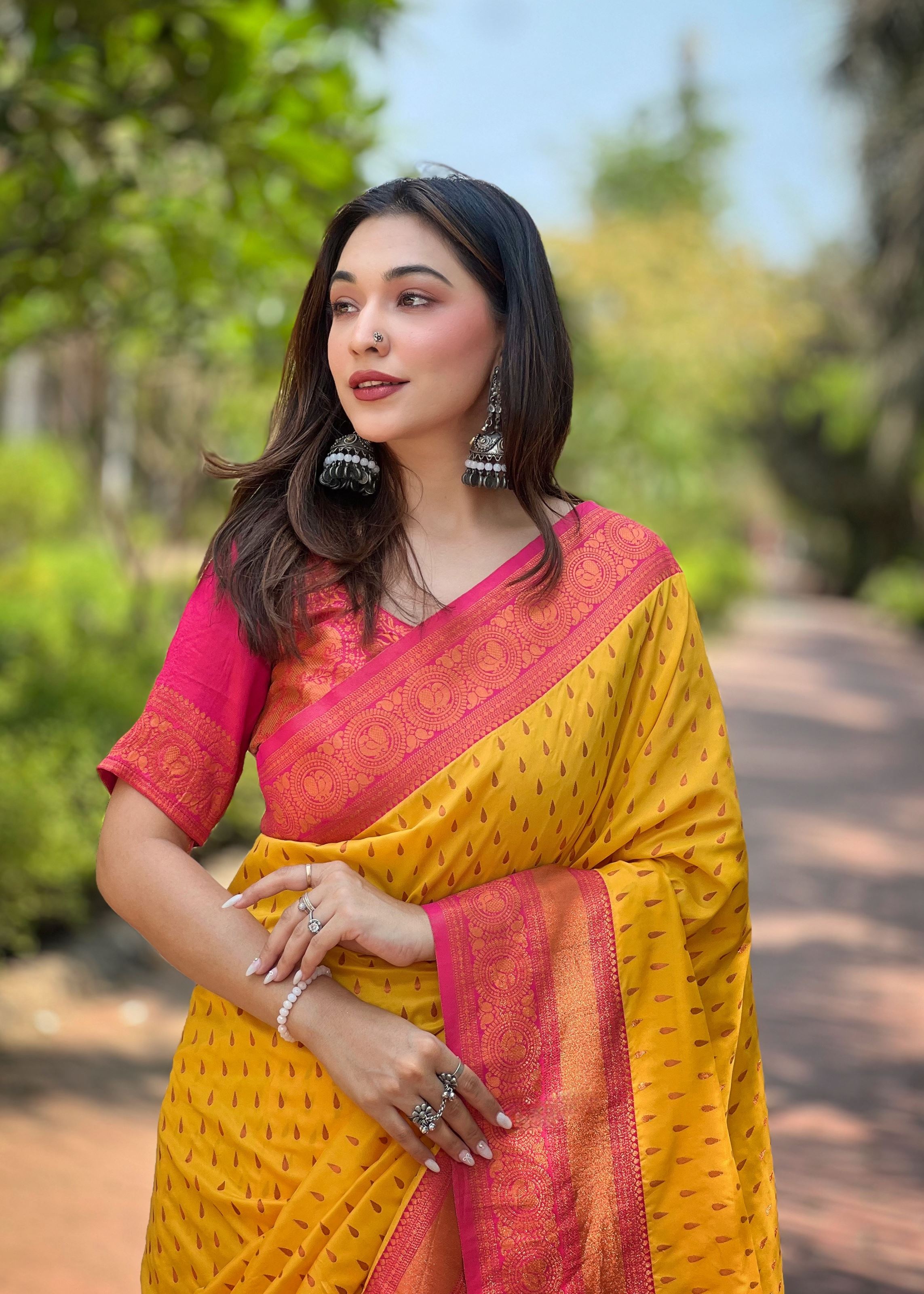 Yellow Silk Blend Saree With Woven Work