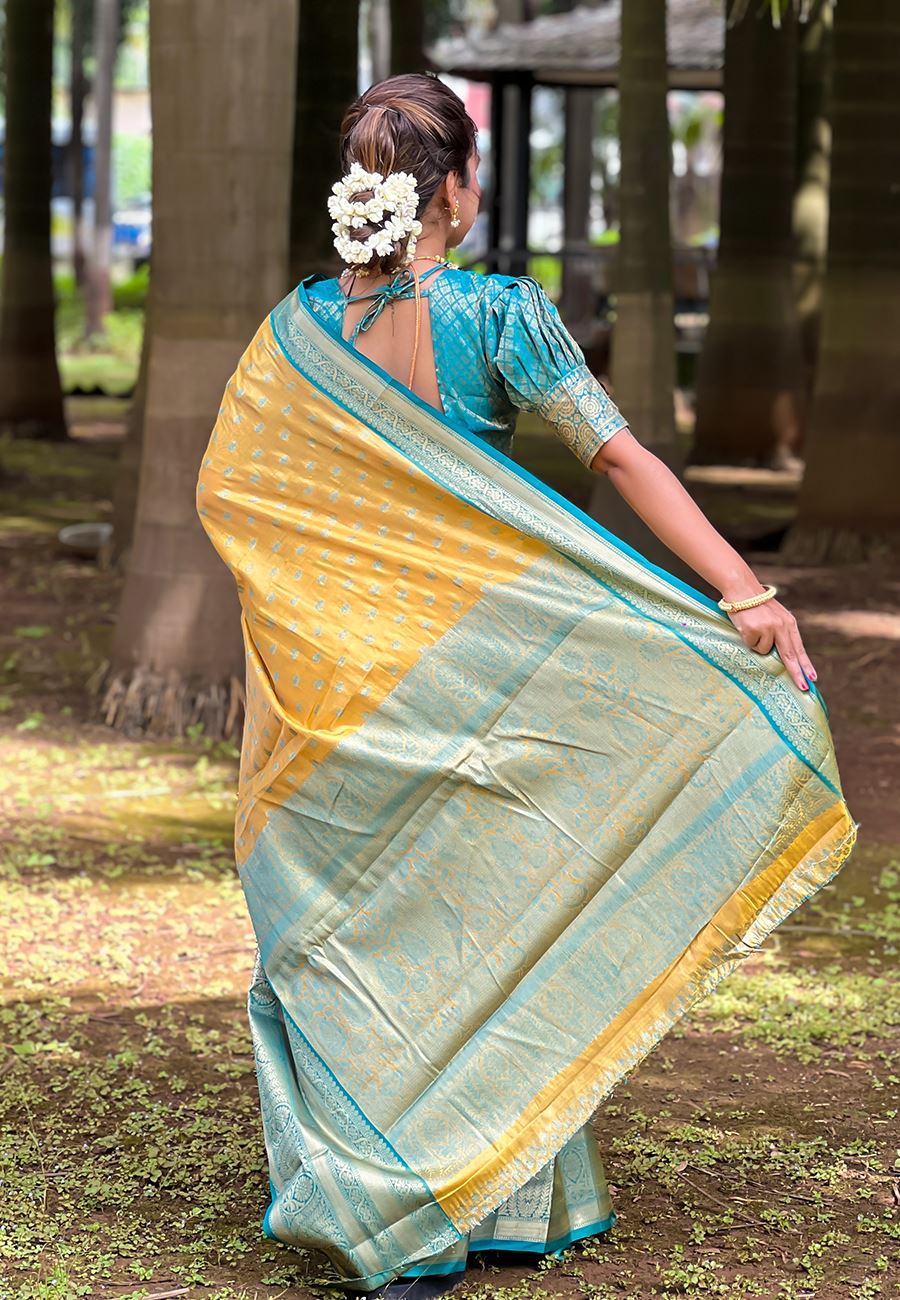 Yellow Silk Blend South Indian Kanchipuram Saree