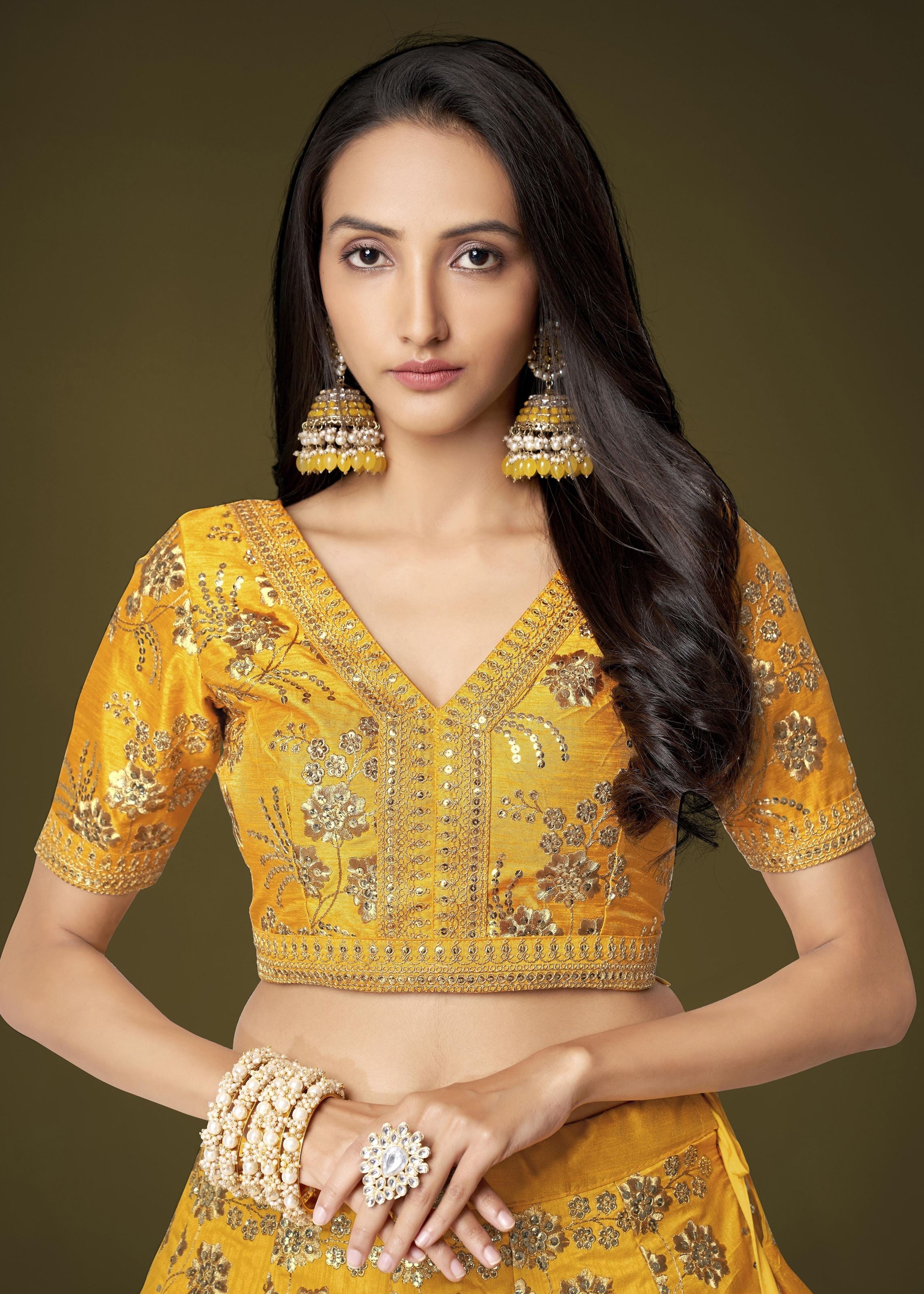 Yellow Slub Silk Lehenga Choli With Zari Sequins and Dori Embroidery Work