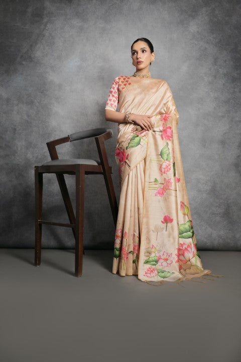 Yellow Soft Tussar Silk Saree with Print and Small Zari Border