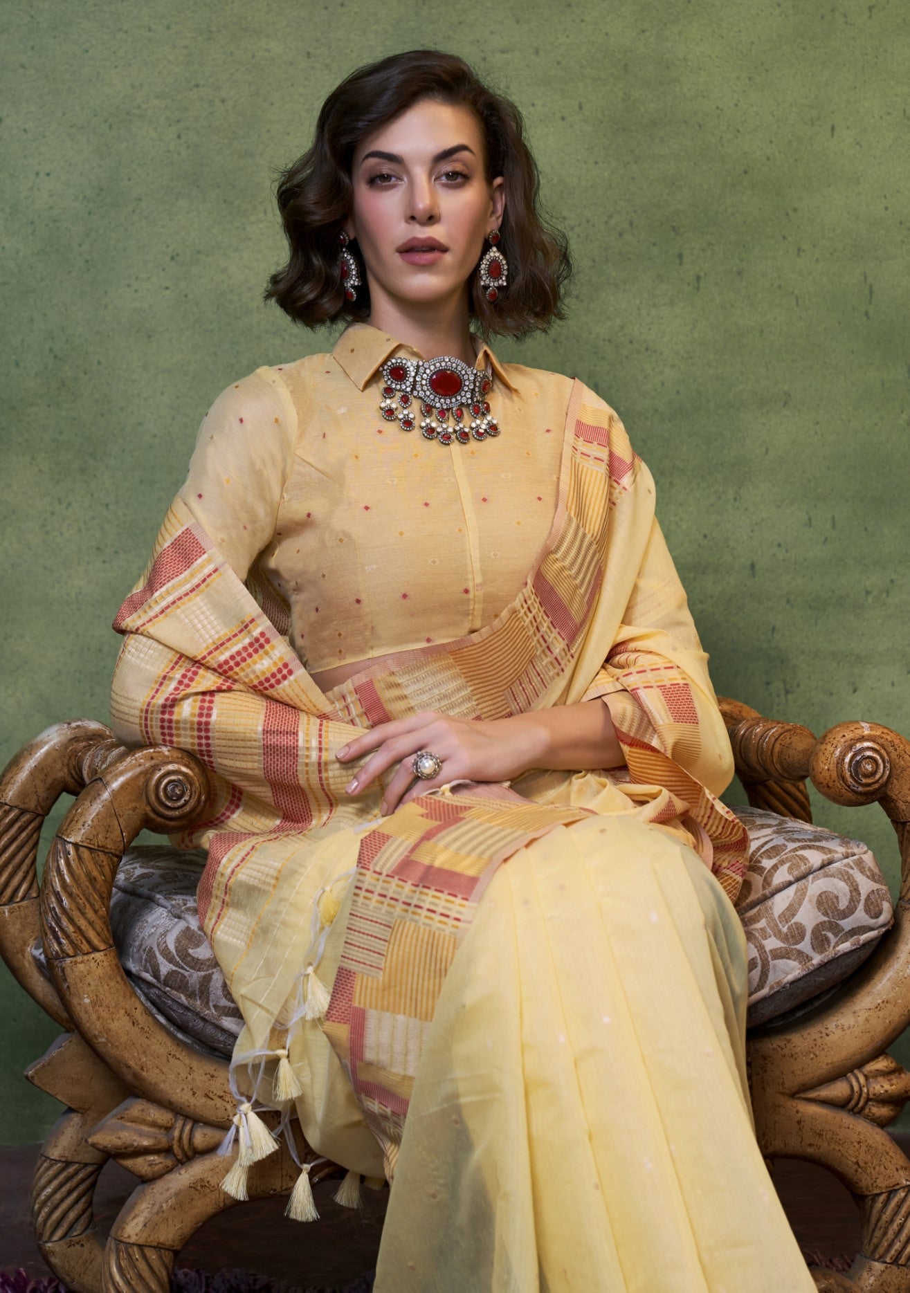Yellow Spun Cotton Saree With Jacquard Woven Work