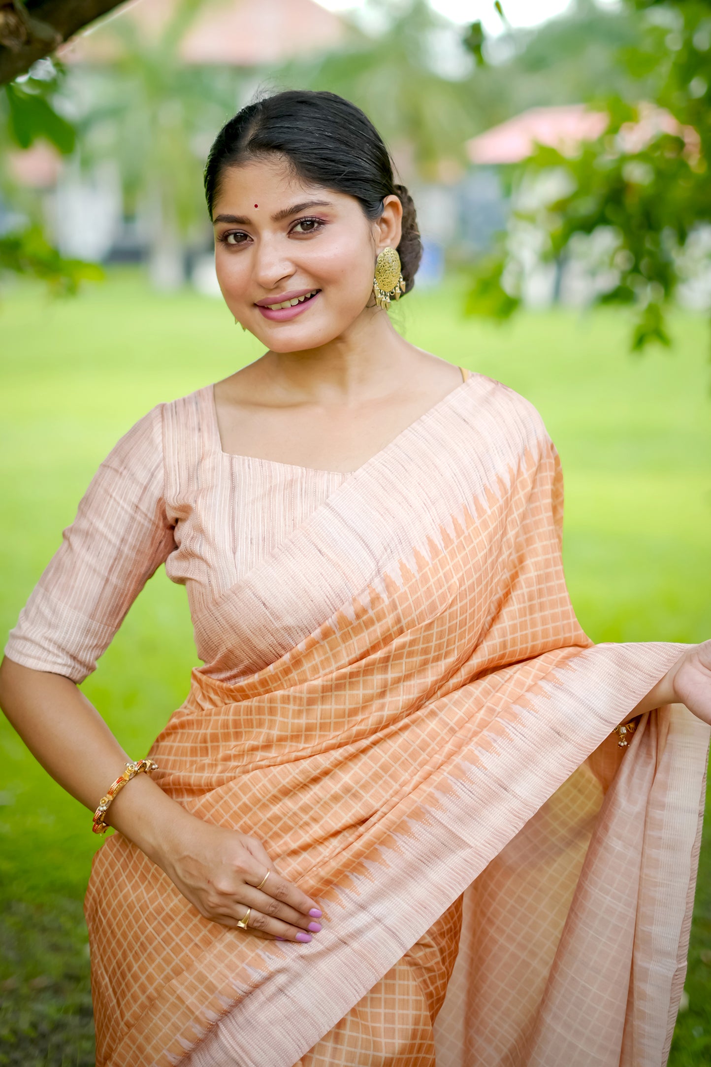 Yellow Tussar Silk Saree with Checks and Contrast Pallu