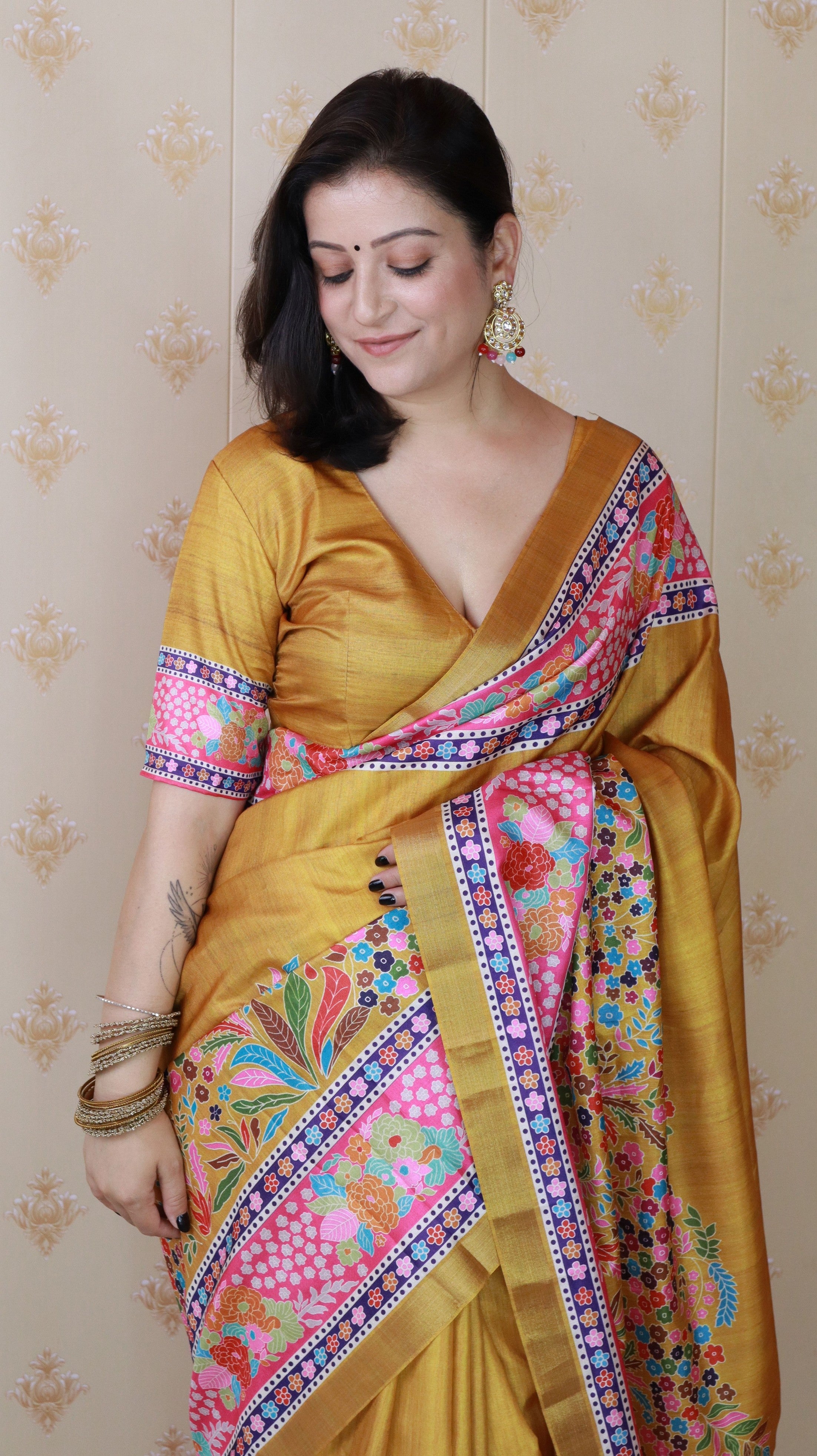 Yellow Tussar Silk Woven Jari Designer With Printed Elegant Party Saree