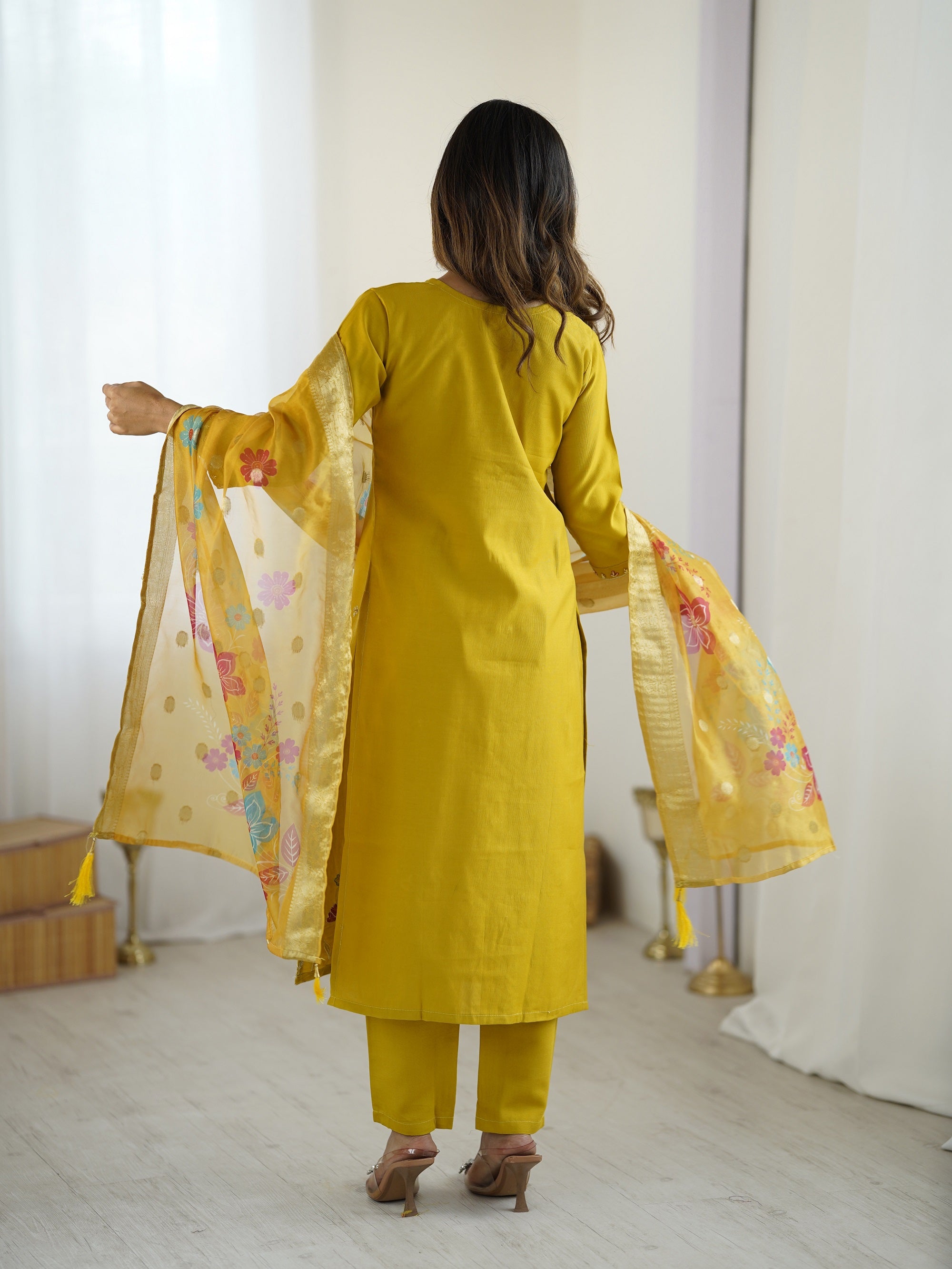 Yellow Viscose Gadhval Silk Kurta Pant Set With Thread Embroidered With Beads Work