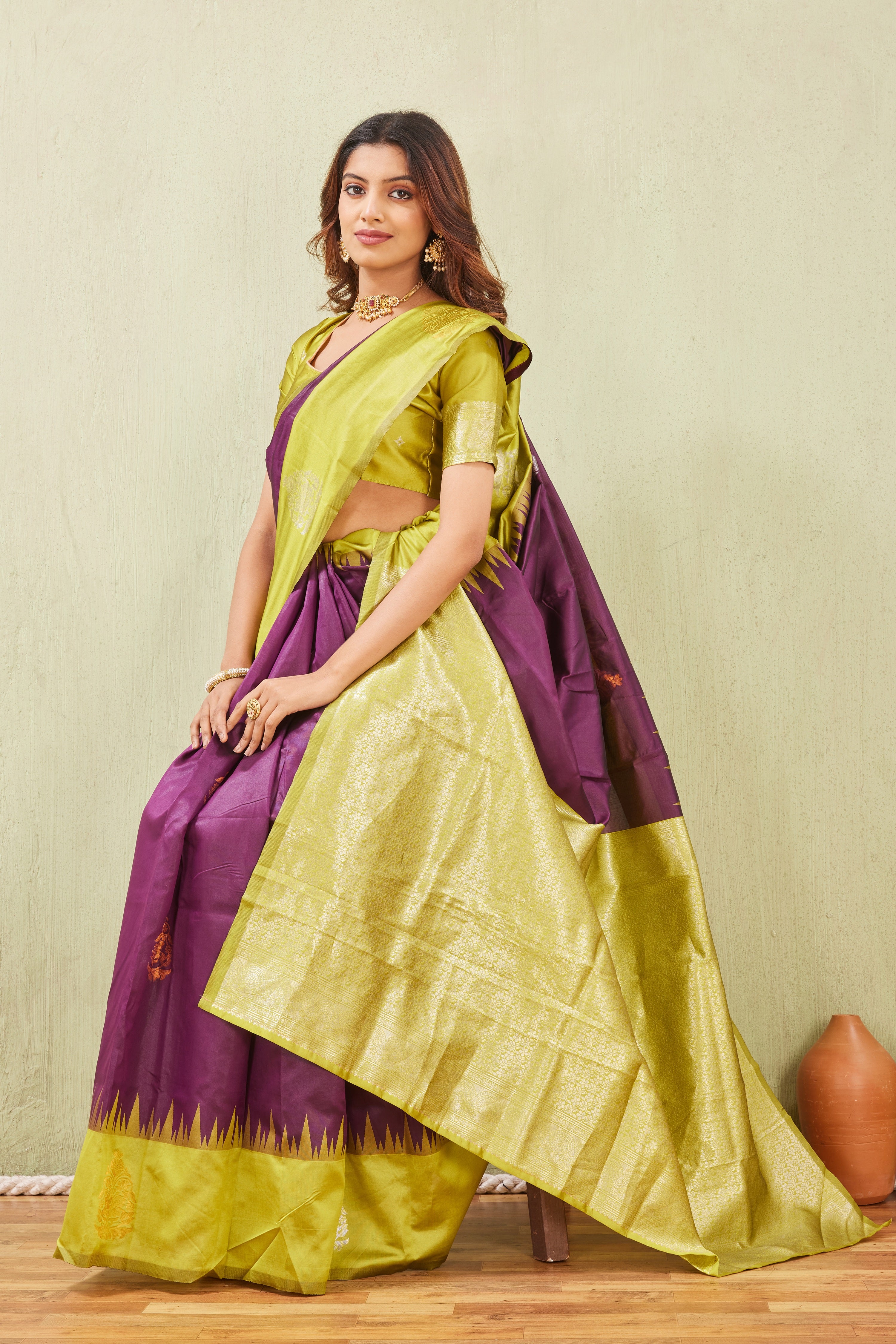 Yellow Wine Banarasi Silk Saree with Rich Pallu & Elegant Jacquard Jari Work