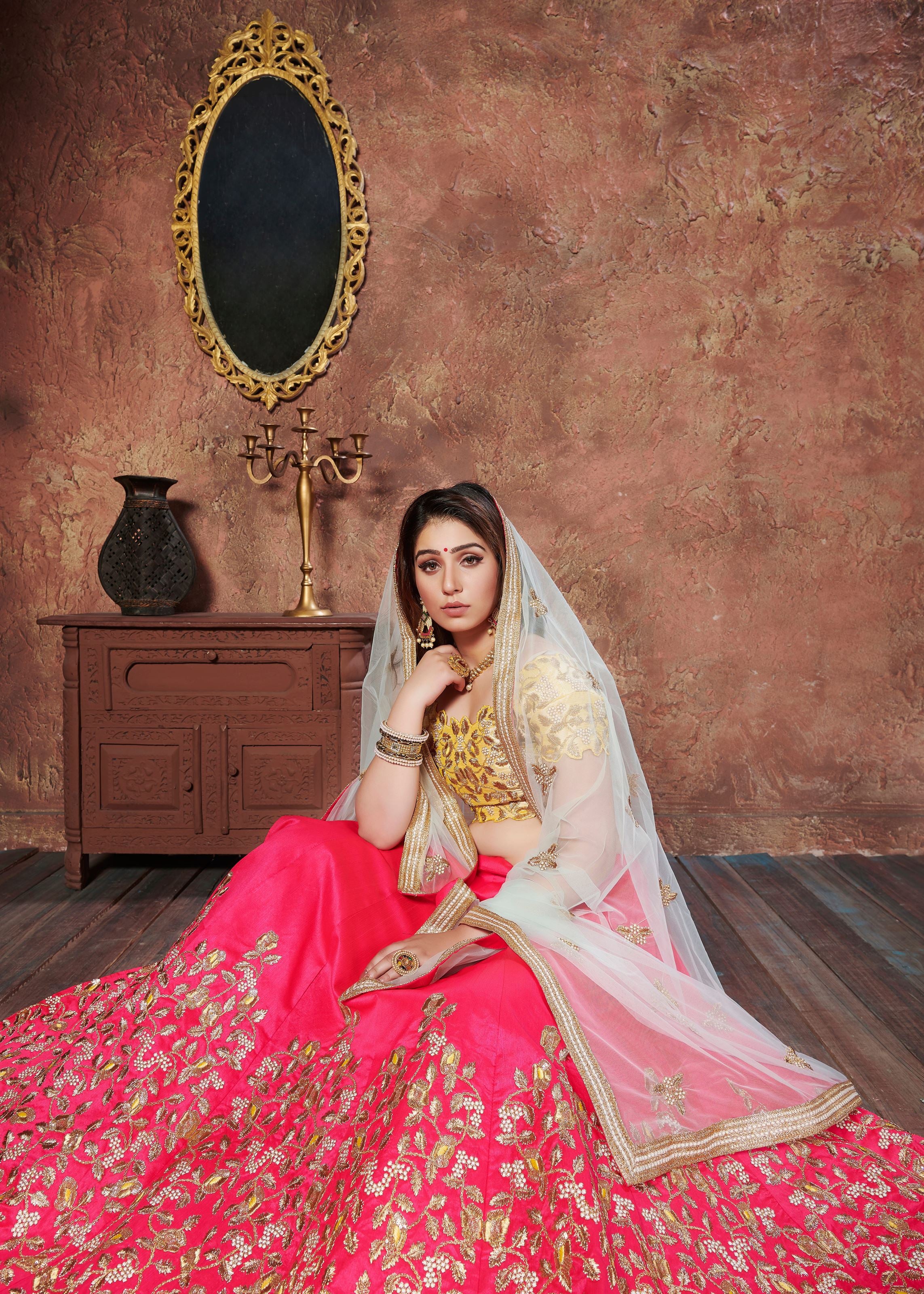 Yellow & Pink Lehenga Choli With Dori, Thread And Sequins Embroidery