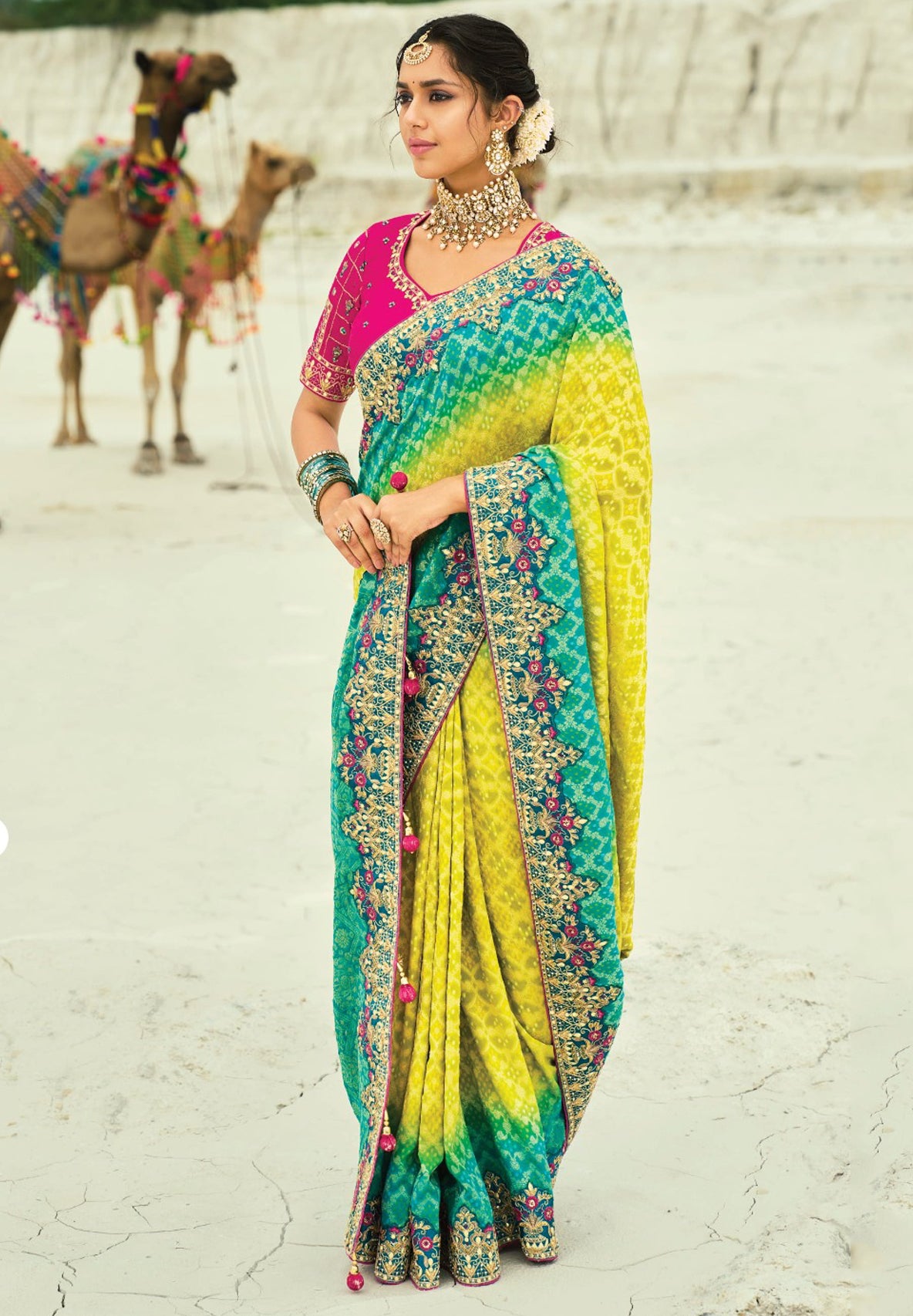 Yellow & Rama Bandhej Saree with Heavy Hand Work Border With Embroidery Blouse