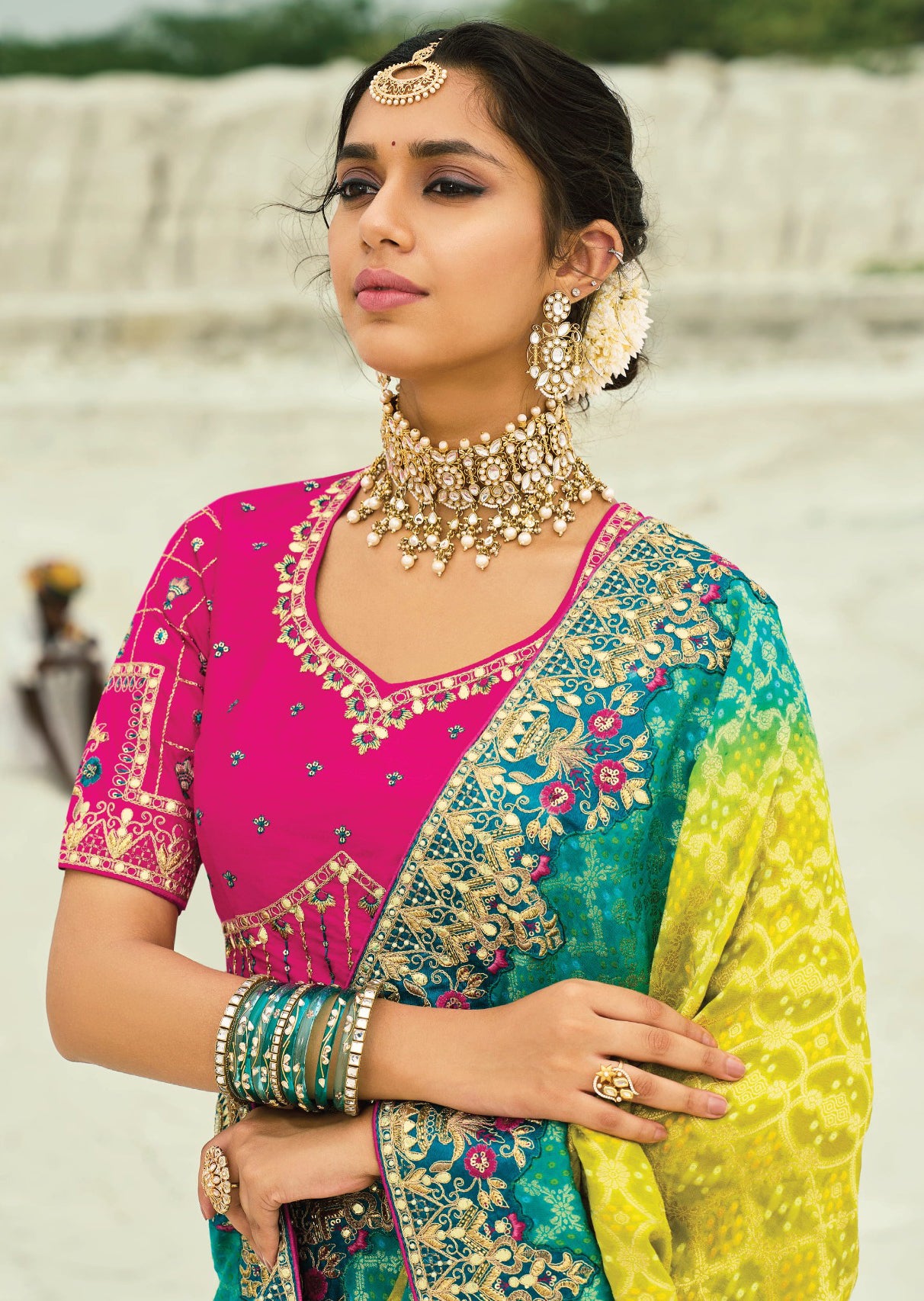 Yellow & Rama Bandhej Saree with Heavy Hand Work Border With Embroidery Blouse