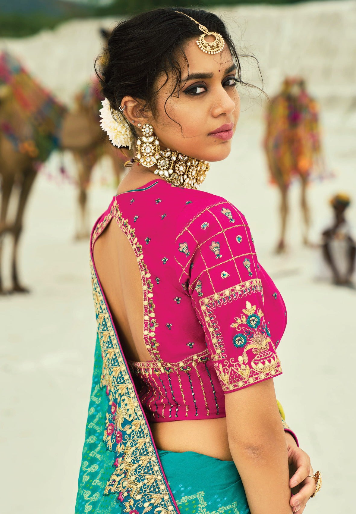 Yellow & Rama Bandhej Saree with Heavy Hand Work Border With Embroidery Blouse