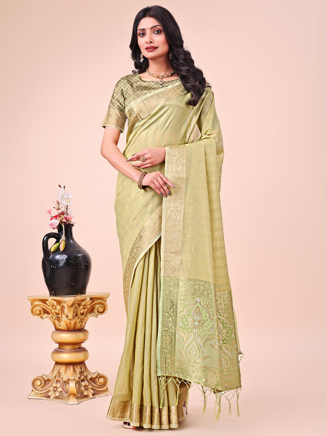Olive Green Beautiful Woven Designer Organza Saree