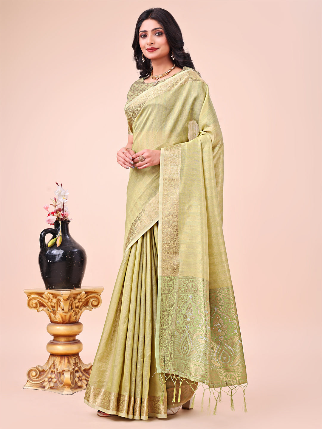 Olive Green Beautiful Woven Designer Organza Saree