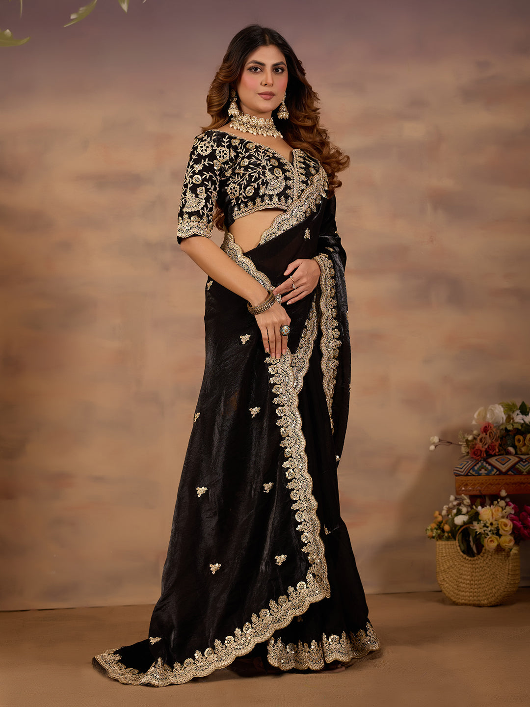 Black Satin Silk Party Wear Saree With Rich Sequins Work