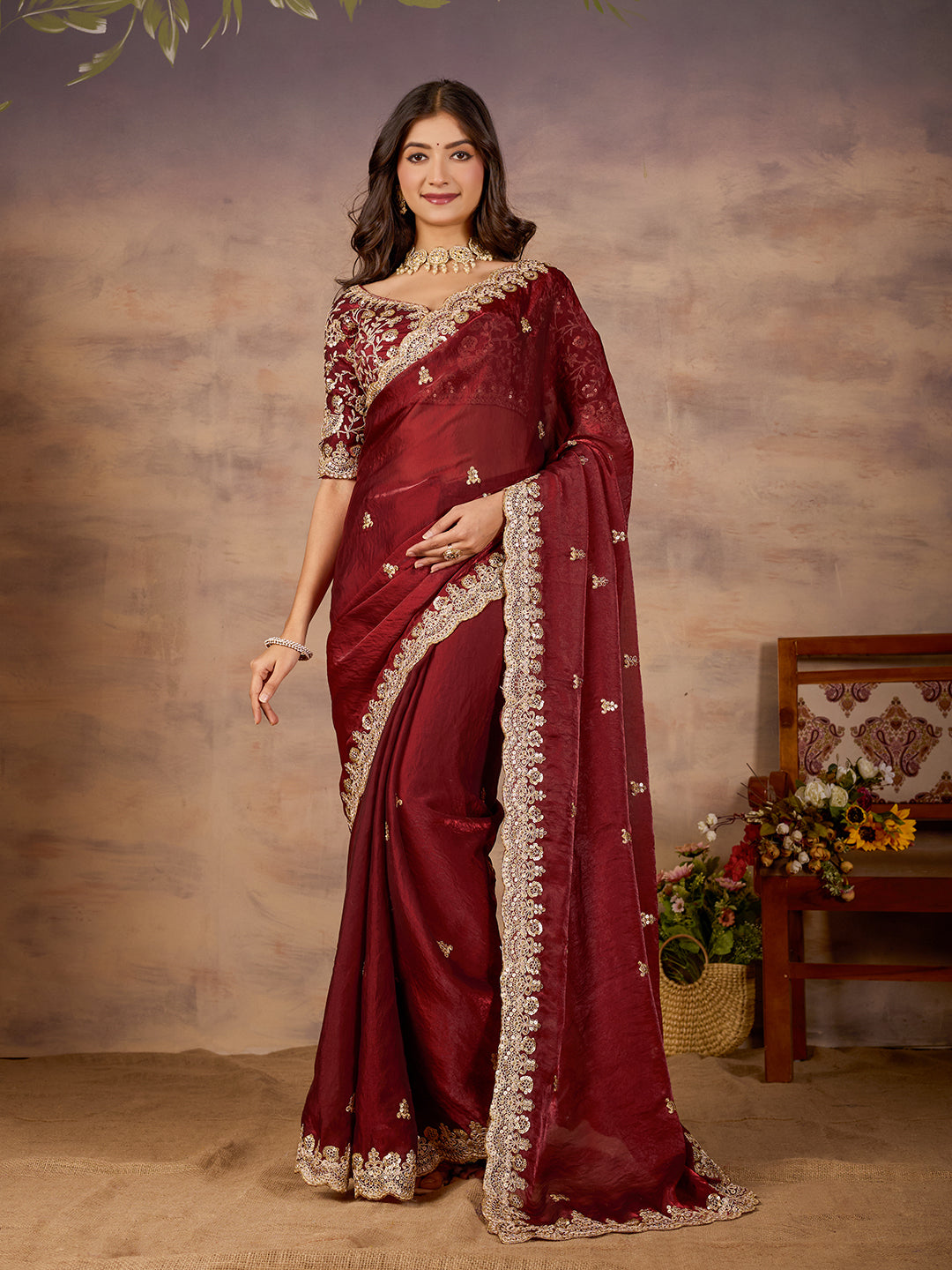 Maroon Satin Silk Royal Designer Saree With Embroidery