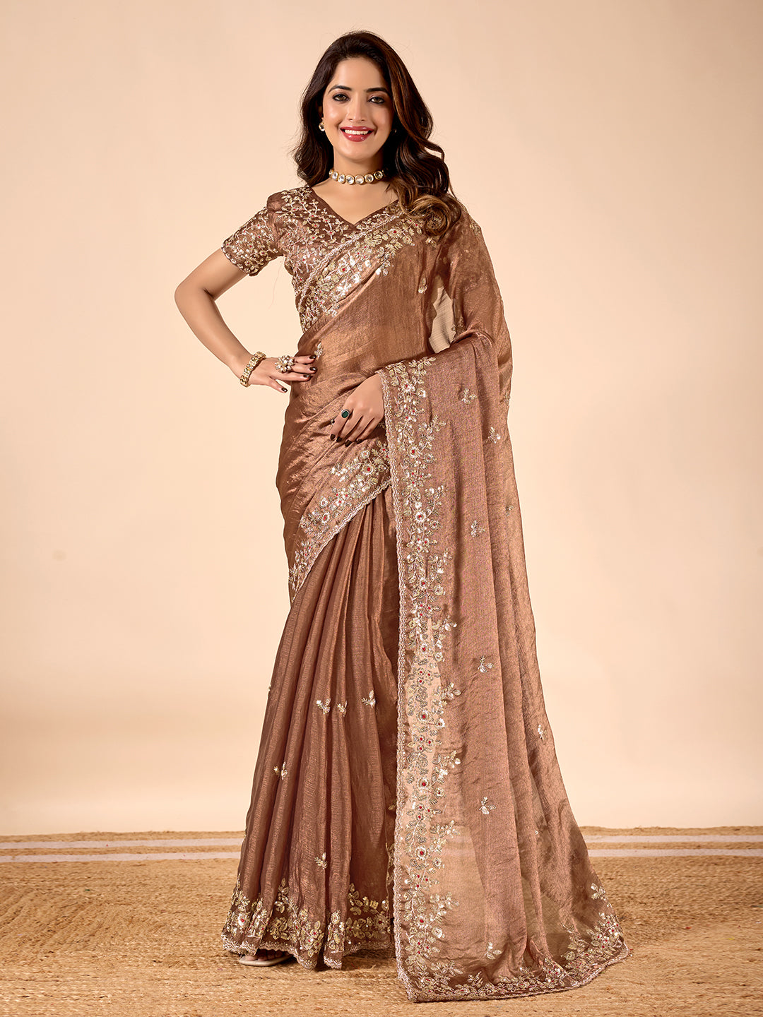Brown Chiffon Silk Embroidered Saree With Heavy Sequins Work
