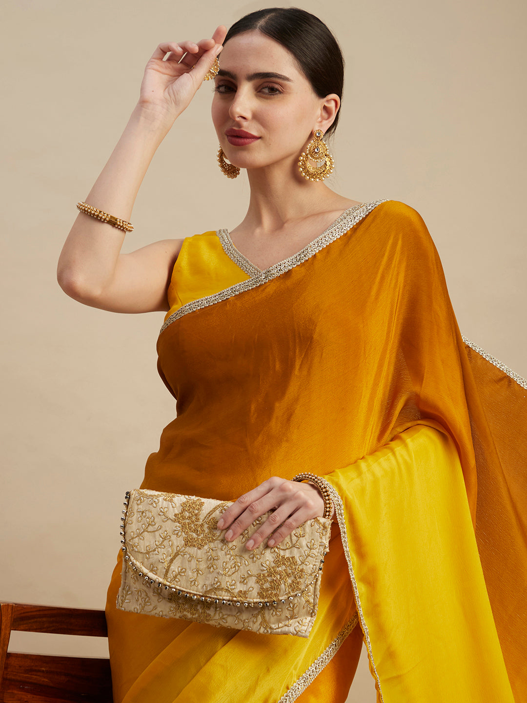 Mustard Chinon Party Wear Saree With Embroidery Sequins Work