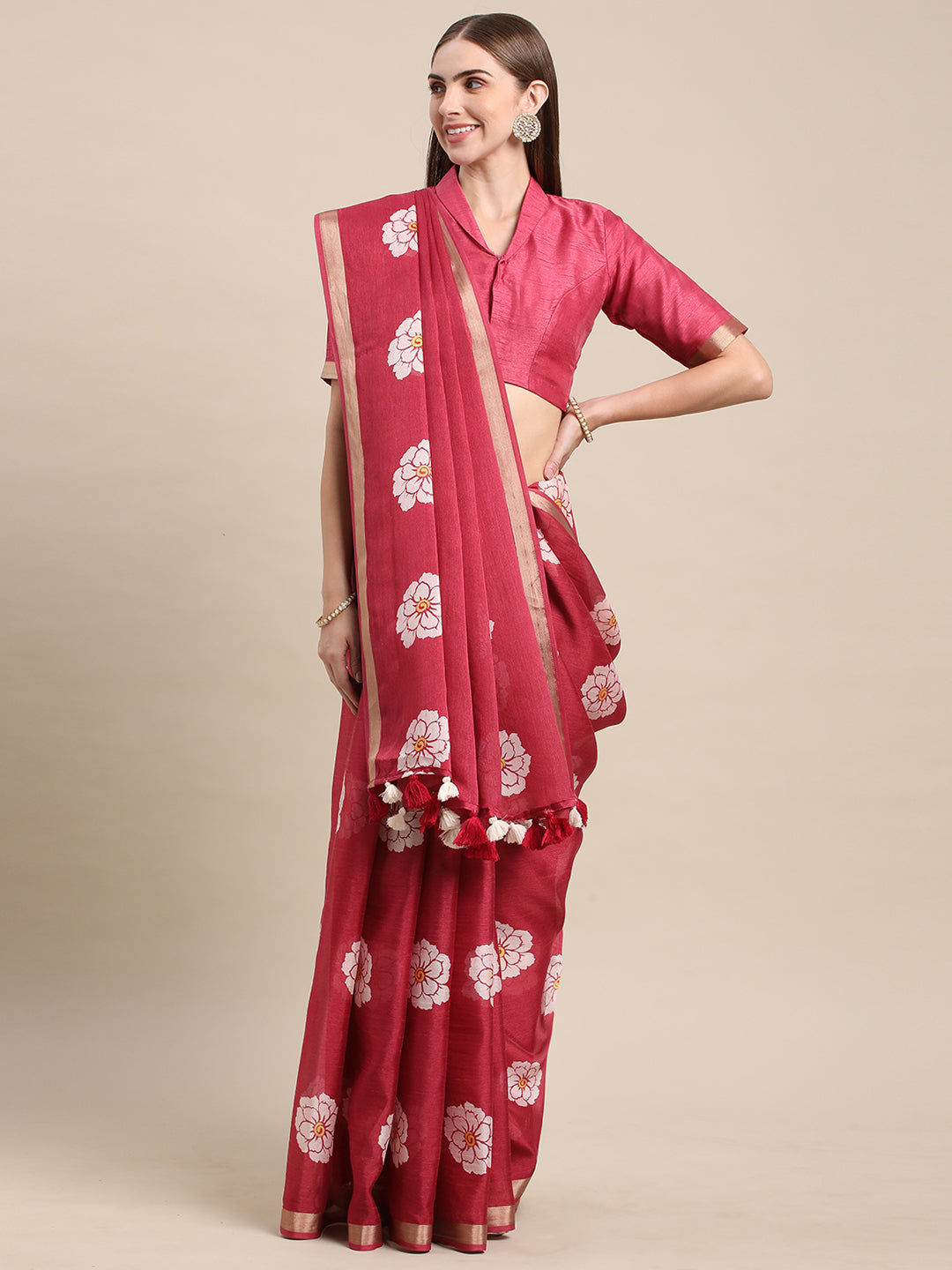 Maroon Linen Printed Casual Wear Saree