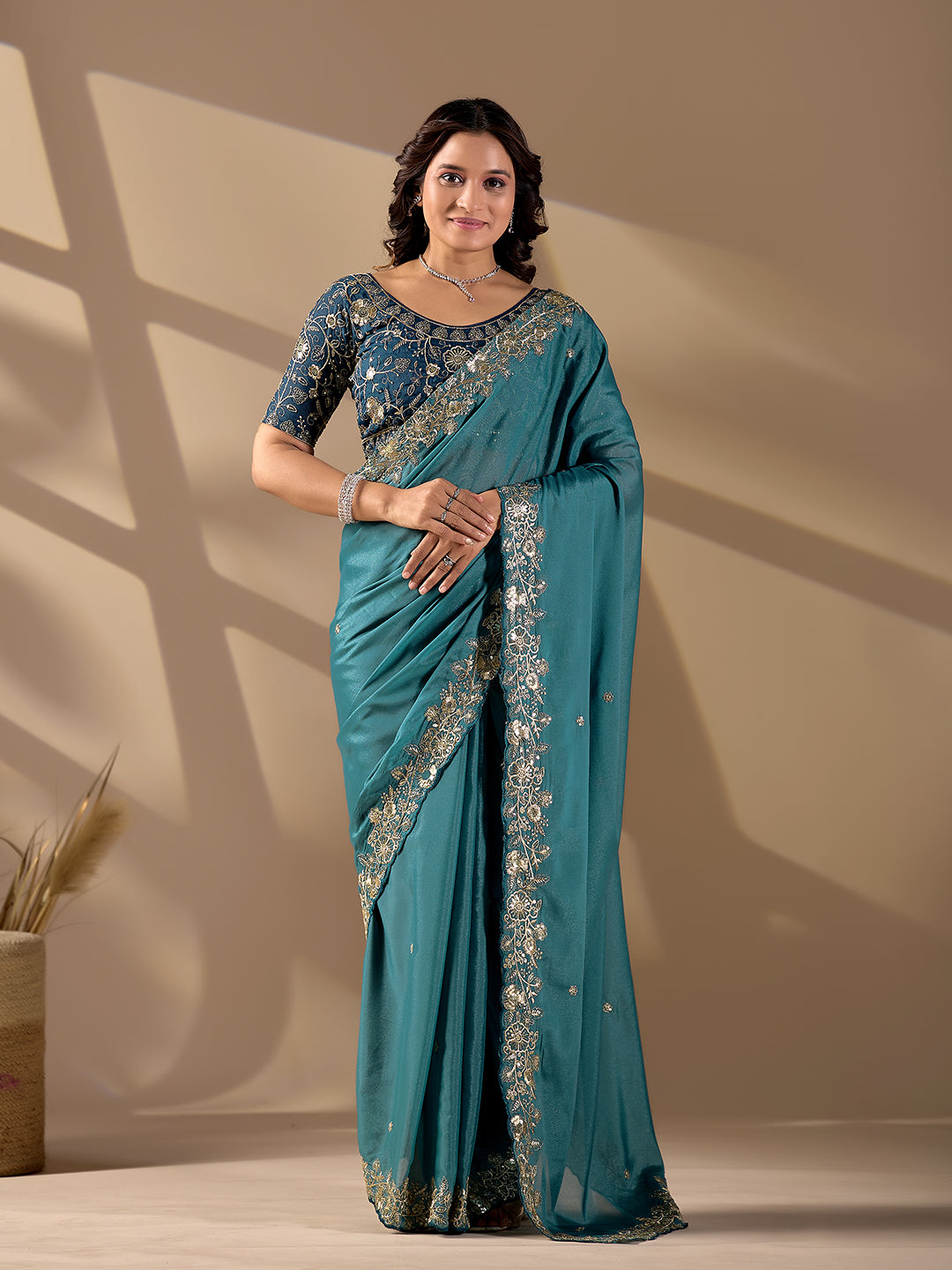 Teal Blue Rangoli Silk Designer Saree With Sequins Embroidery