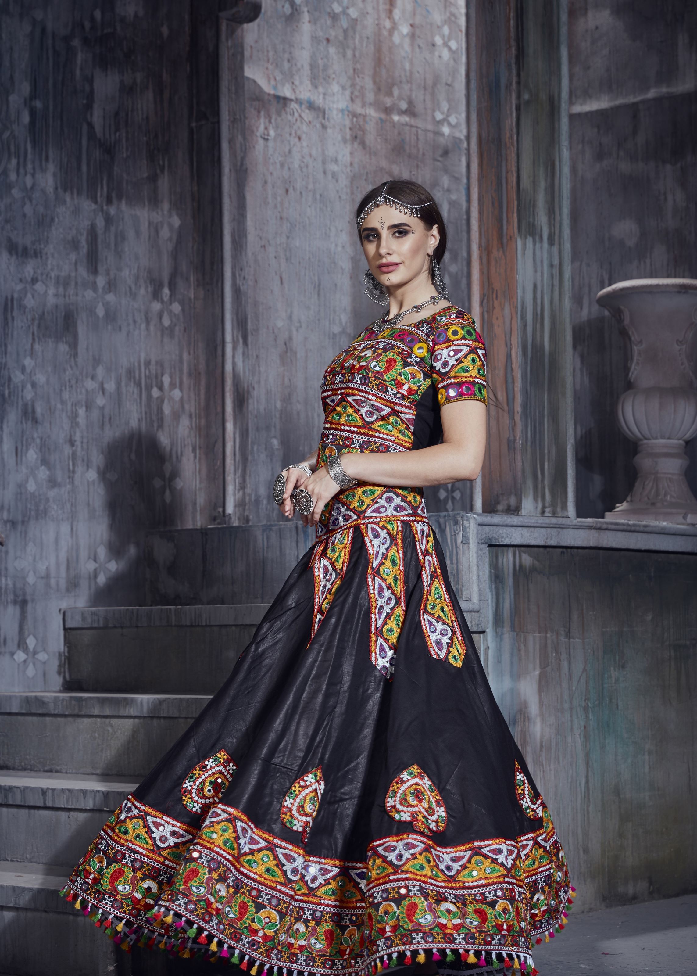 Black And Orange Navratri Chaniya Choli With Gamthi Lace Work With Mirror Work