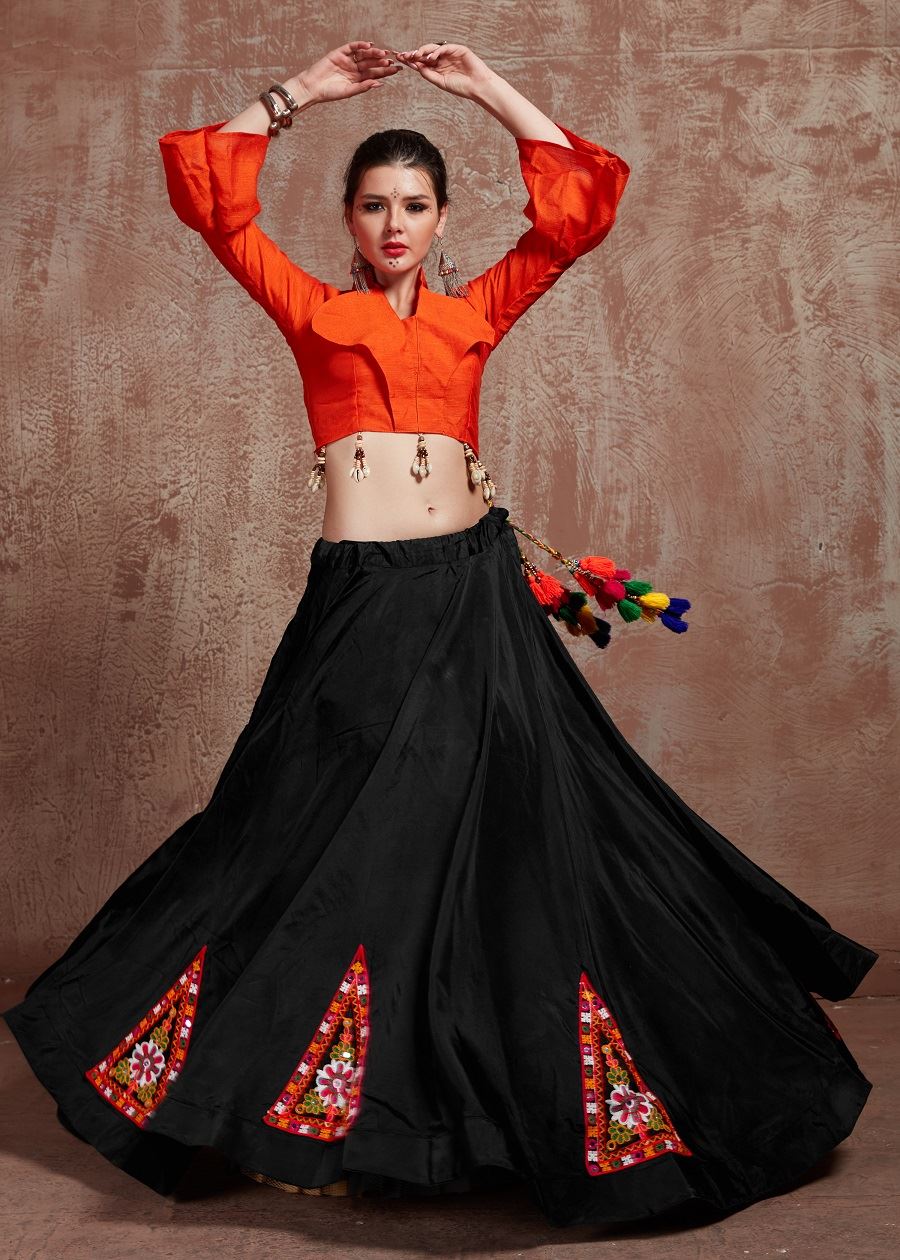 Black And Orange Navratri Chaniya Choli With Gamthi Work Butta And  Tassels Lace