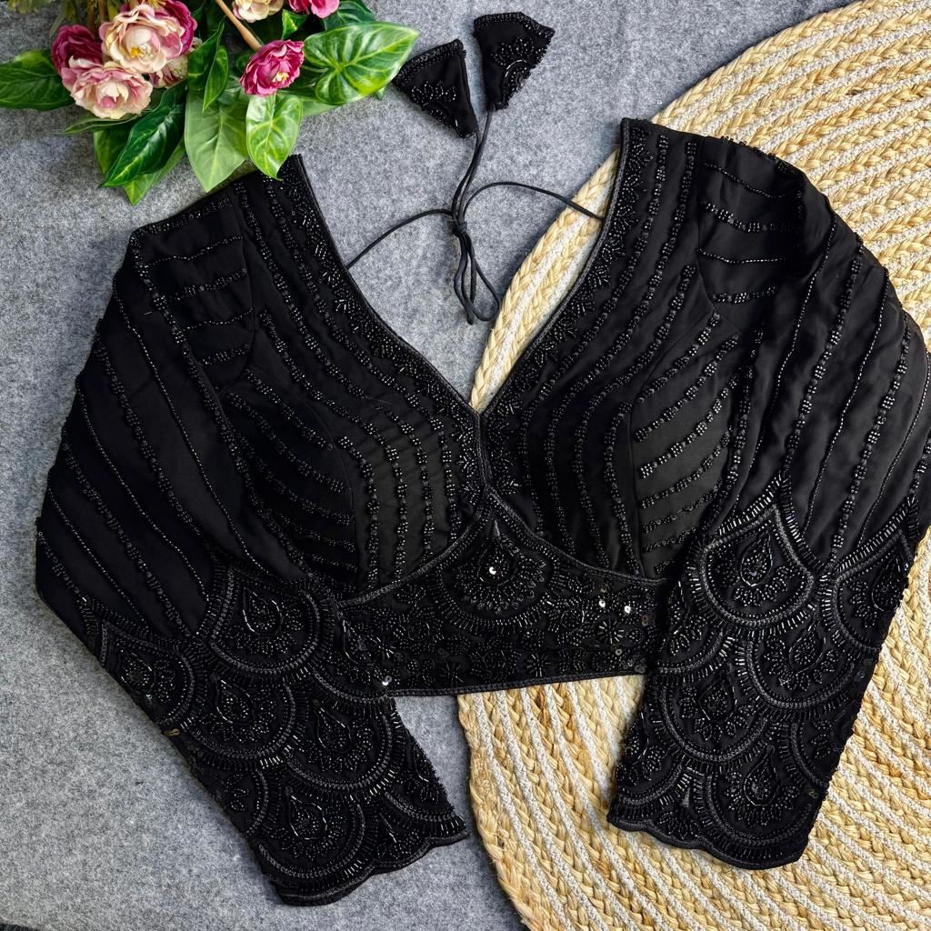 Black  Georgette Blouse with Heavy Thread Embroidery  Sequins Work