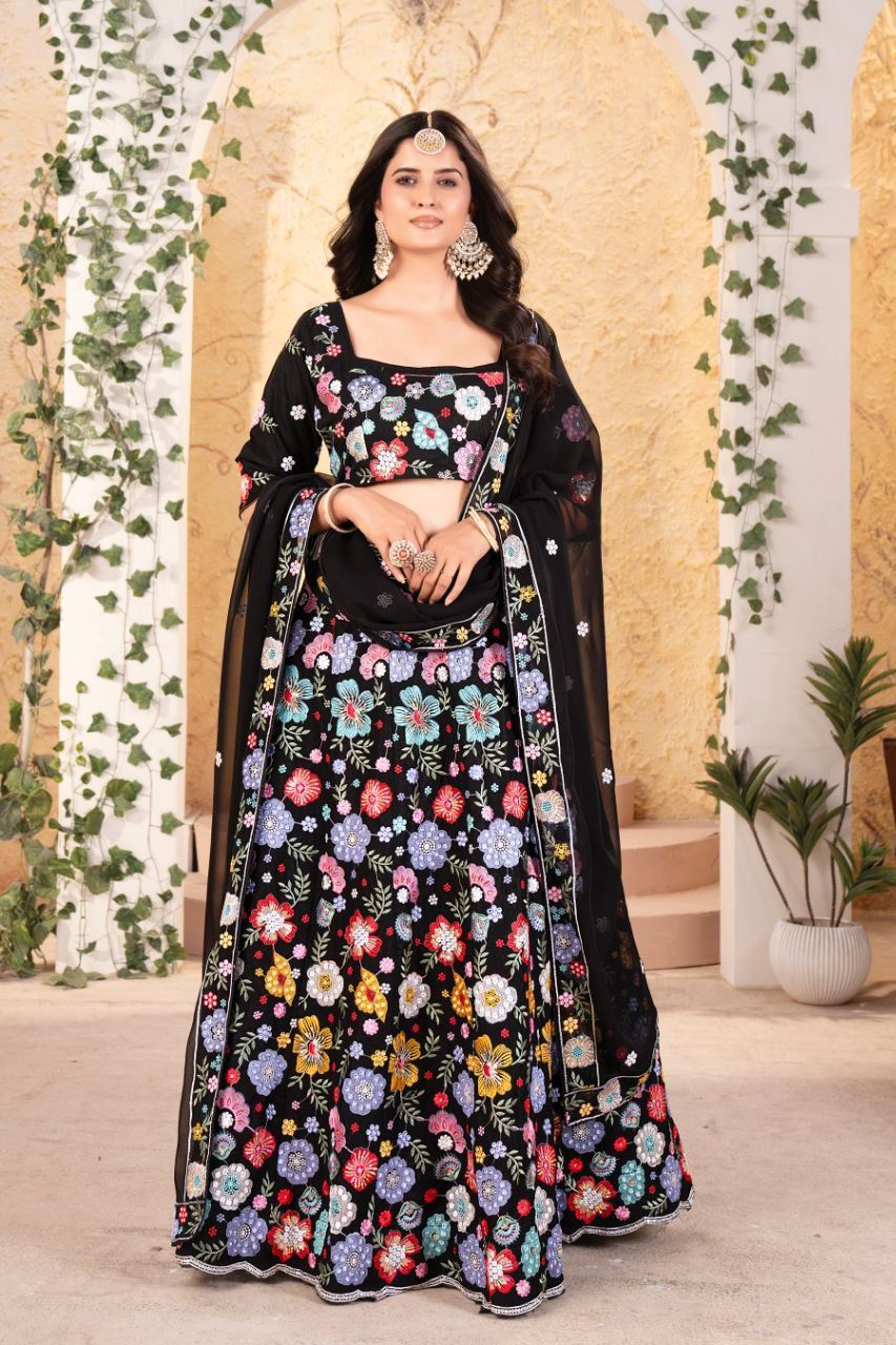 Black Lehenga Choli With Multi Thread Embroidery With Beautiful Heavy Sequins Work