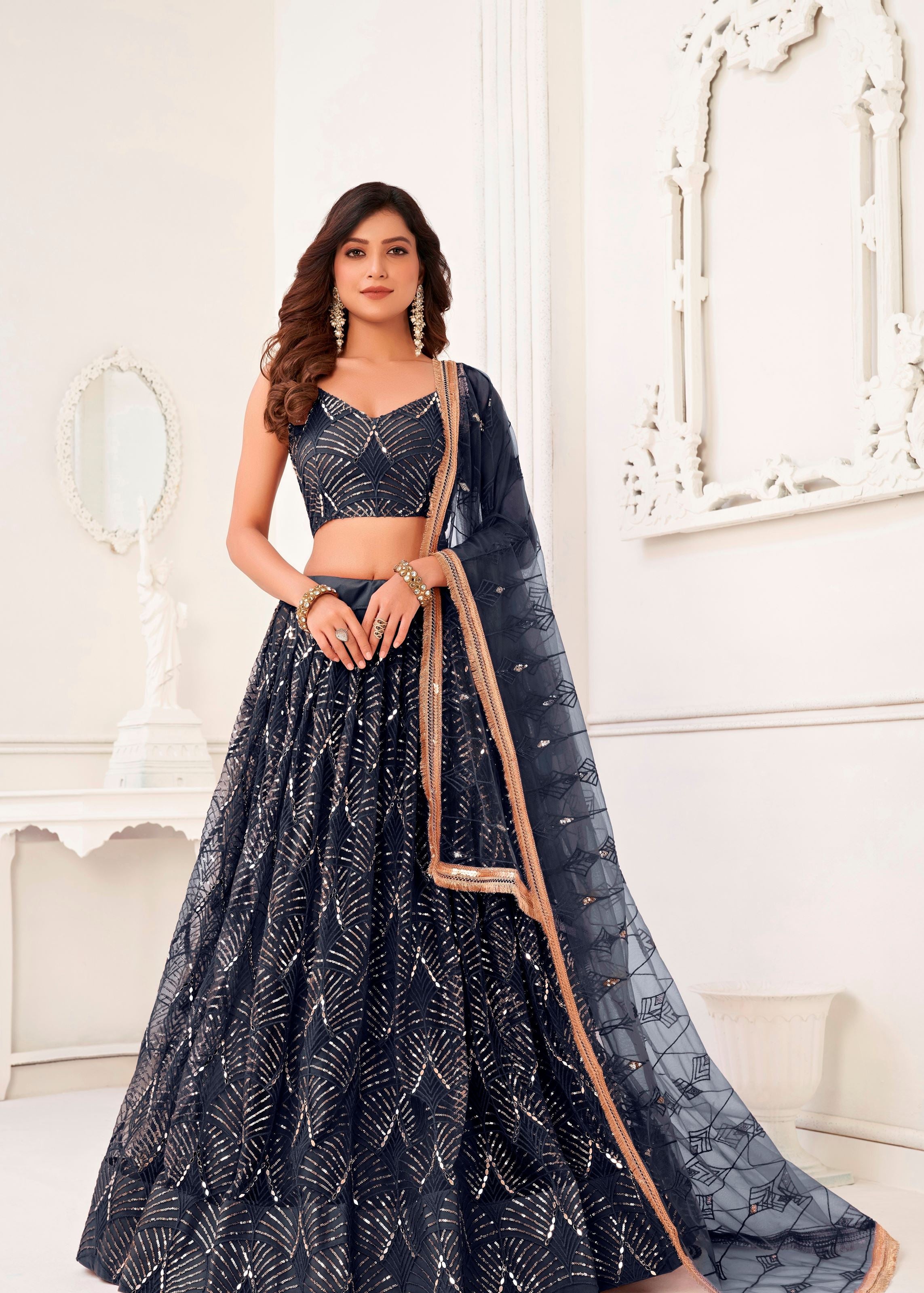 Black Net Lehenga Choli With Thread Embroidery Real Mirror Work