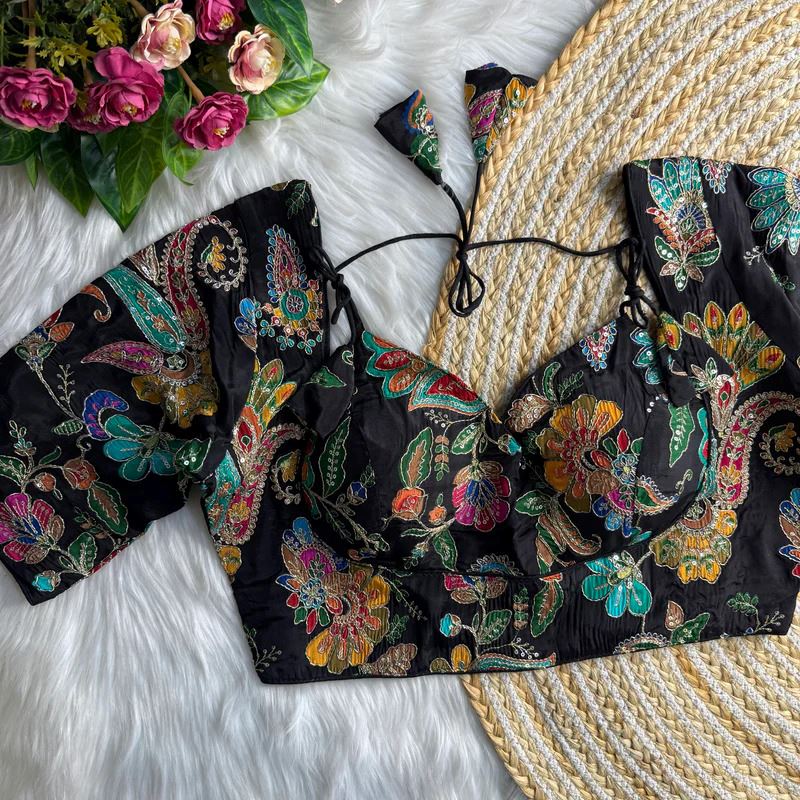 Black Position Print Masaba Blouse With Codding  Sequence Work