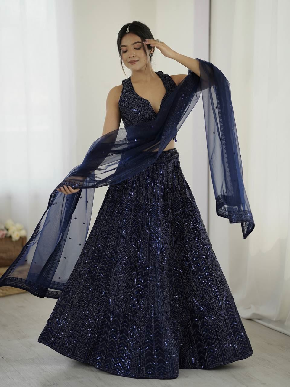 Blue Lehenga Choli with Sequins & Dori Work
