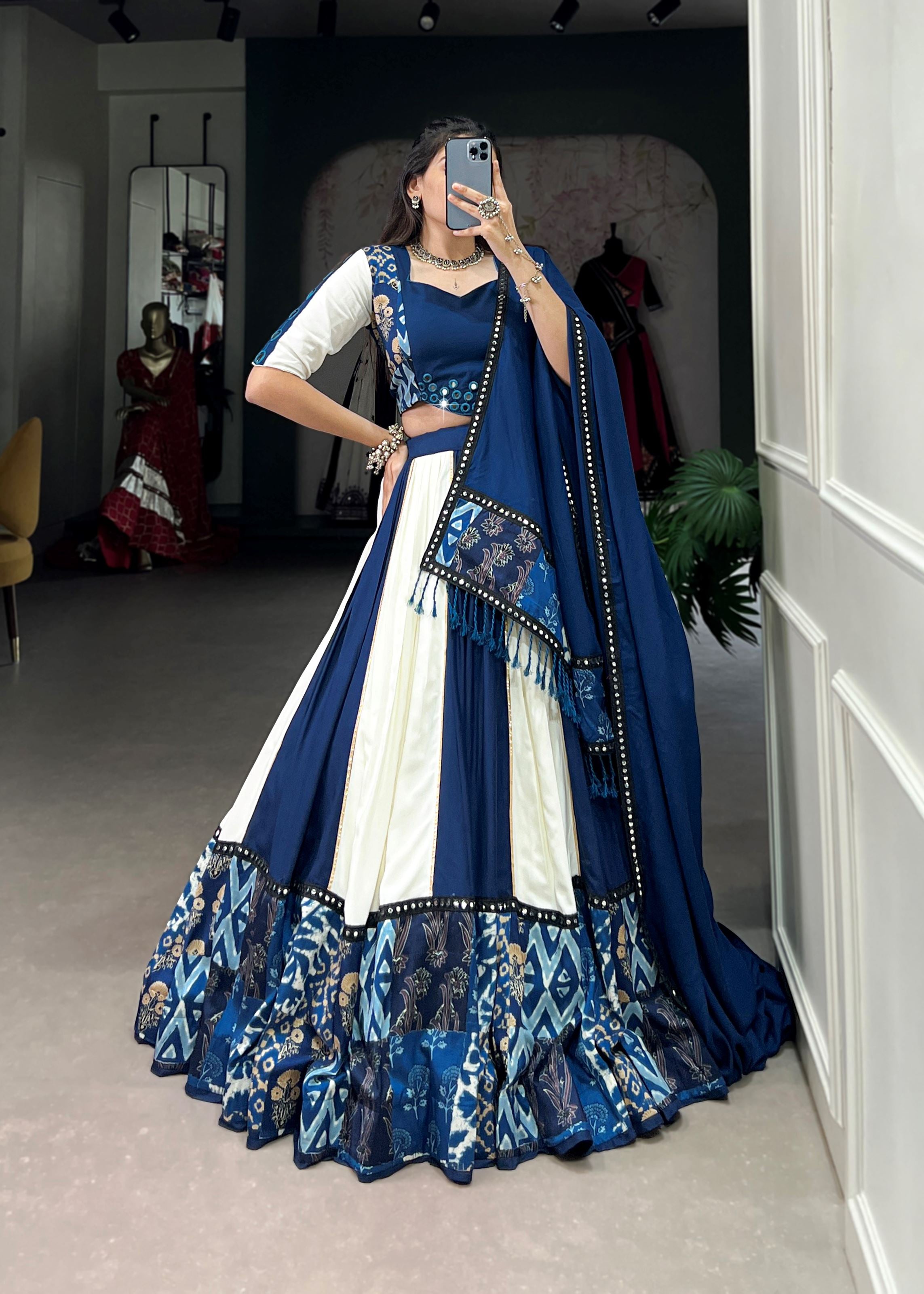 Blue Printed  Plain Rayon Lehenga with Mirror Lace and Gota Patti Sparkle