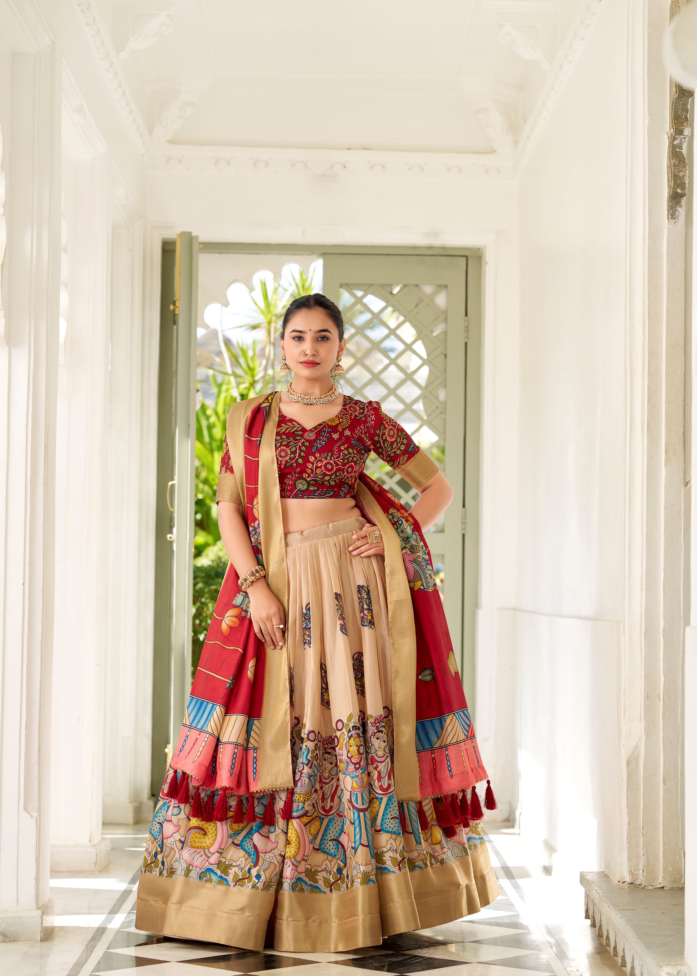 Cream  Floral Printed Georgette Lehenga with Lace Border