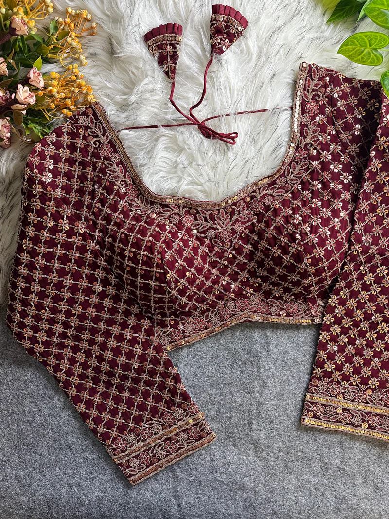 Dark Maroon Bridal Blouse with Full Sleeves, U-Neck & Heavy Floral Sequin Work