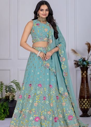 Firozi Lehenga Choli With Embroidery With Multi Thread  Sequence Work