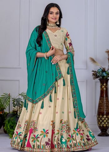 Beige Lehenga Choli With Heavy Embroidery With Multi Color Thread  Sequence Work