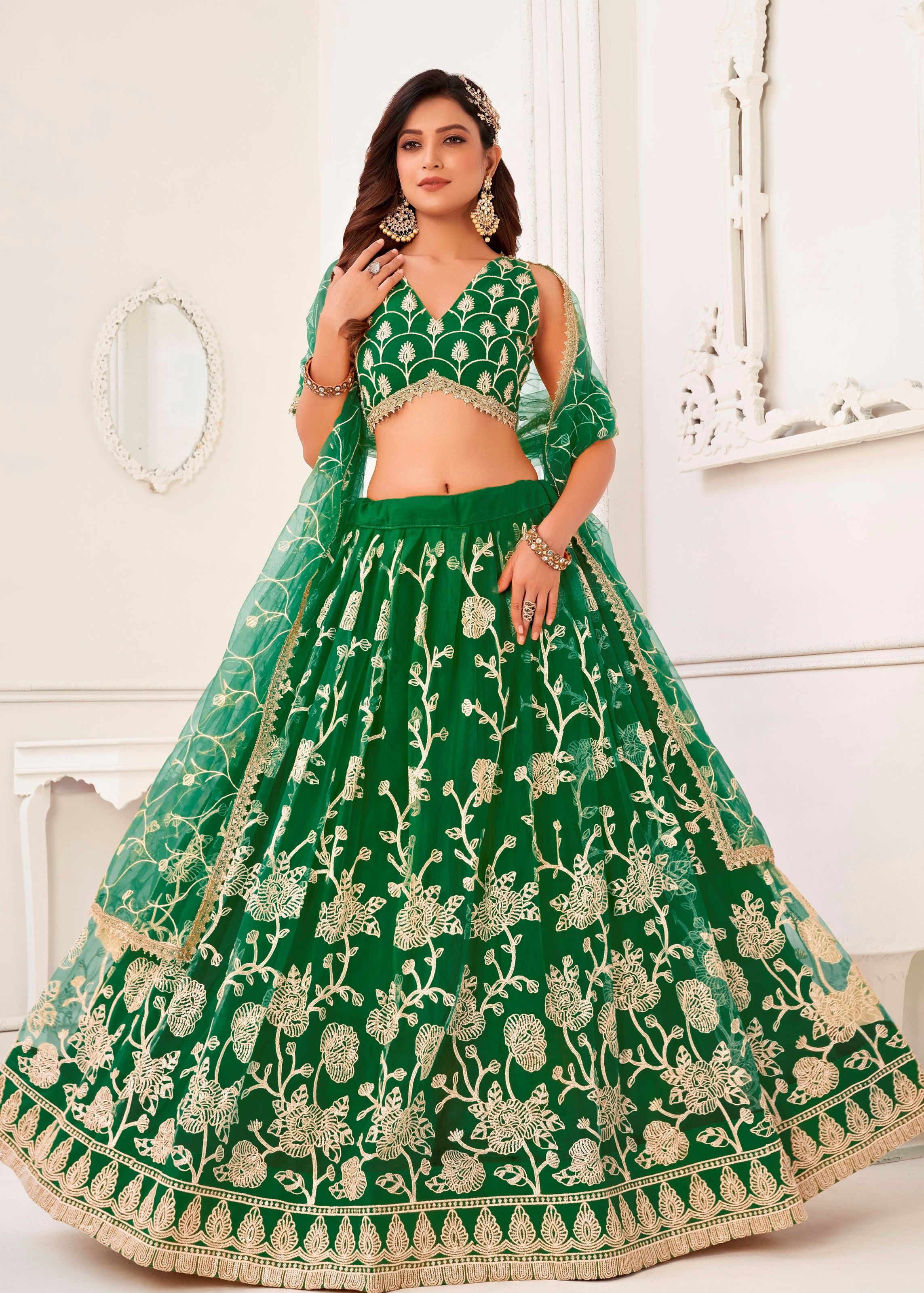 Green Butterfly Net Lehenga Choli With Embroidery And Sequins Work